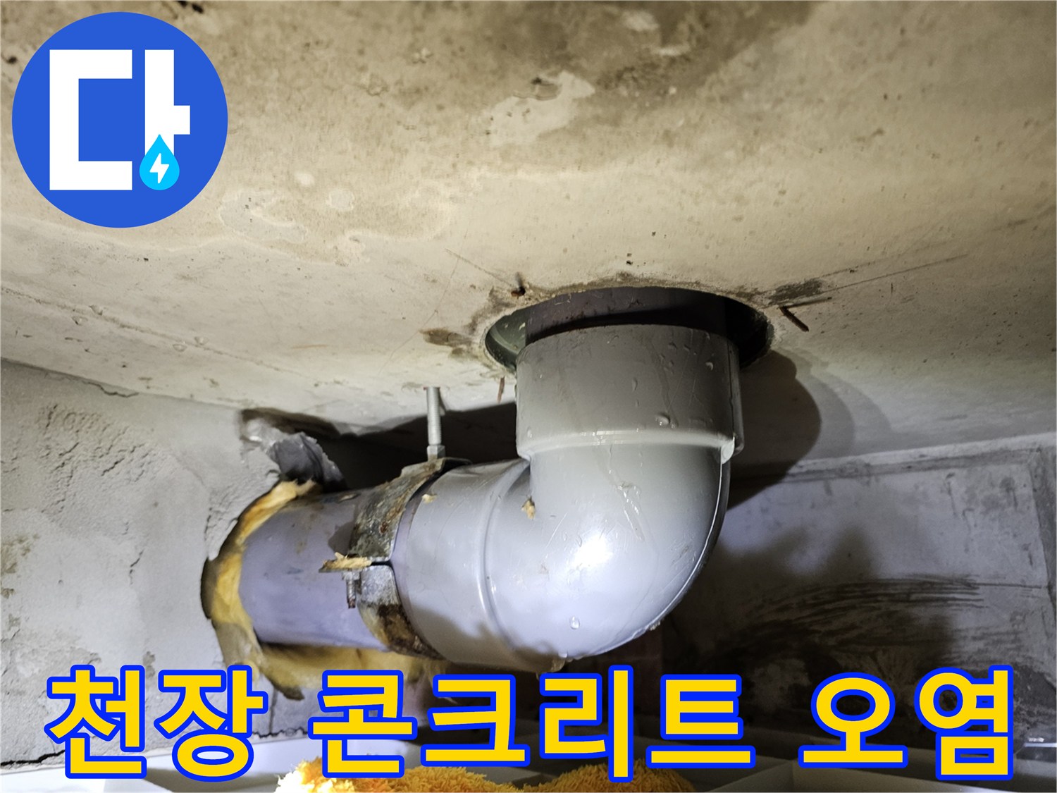 오수배관 누수로 인해-천장 콘크리트 표면에-발생한 물 자국과-오염 상태를 확인하는-현장 사진