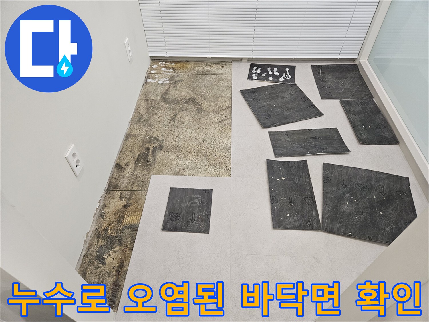 물샘 현상으로 인해-변색되고 곰팡이가 발생한 바닥 상태