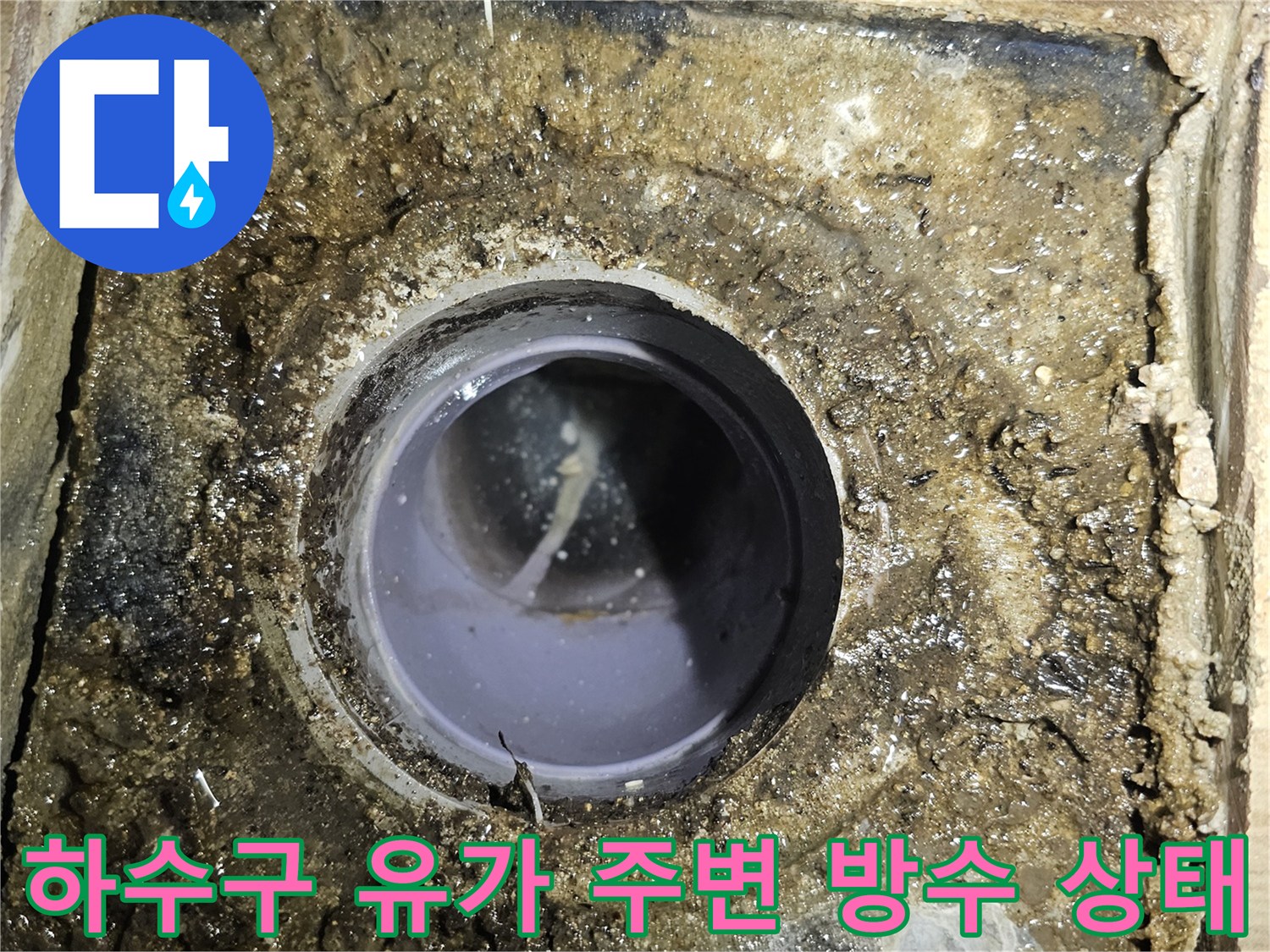 욕실 하수구 유가 주변의 손상된 방수층과 오염된 상태를 보여주는 사진