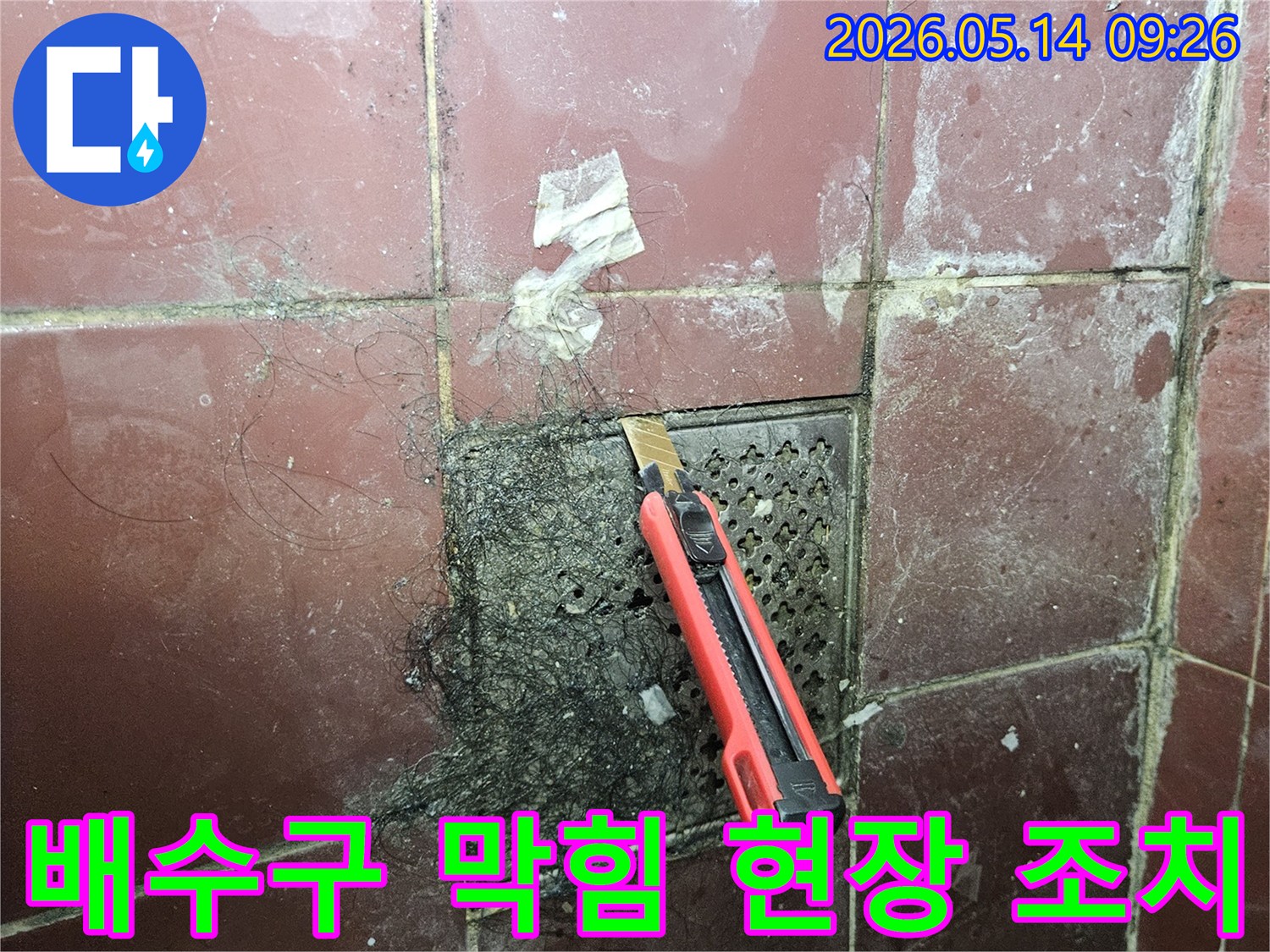 오래된 욕실 배수구에 엉킨 머리카락과 슬러지를 커터칼로 긁어내며 누수 전문가가 현장 조치를 하는 모습
