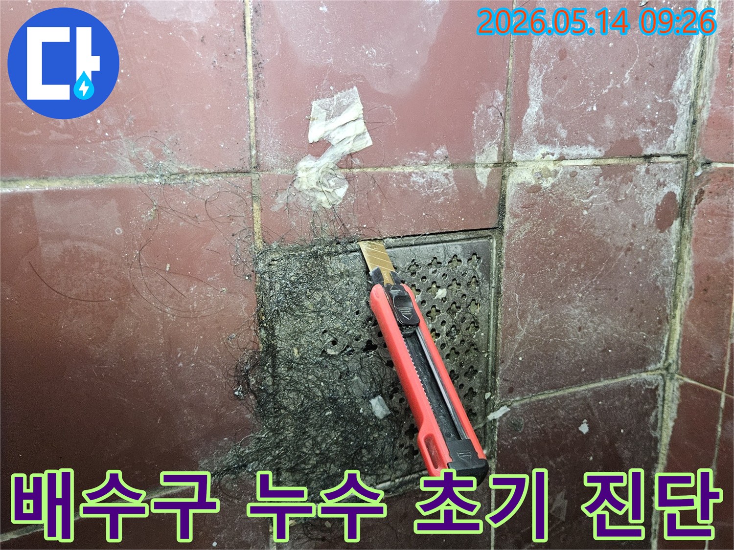오래된 욕실 배수구에 엉킨 머리카락과 슬러지를 커터칼로 긁어내며 누수 초기 진단 및 조치를 하는 모습