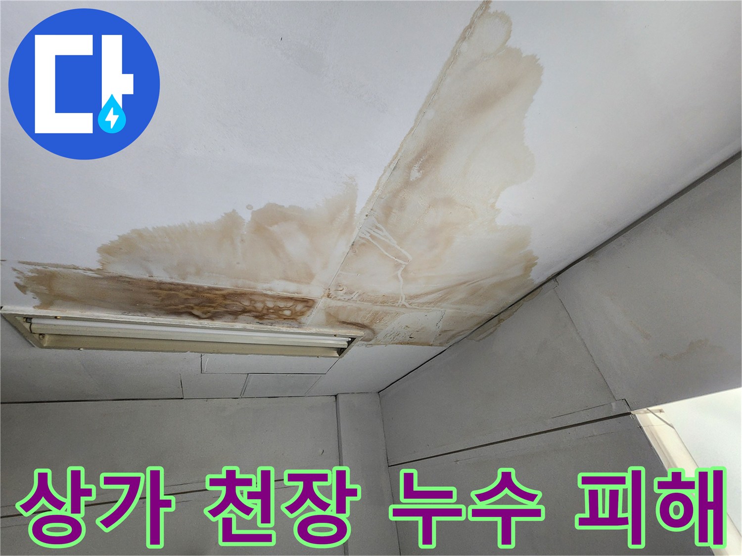 상가 천장 표면에 물이 새어 발생한 갈색 얼룩과 곰팡이가 확산되어 영업에 지장을 주는 모습