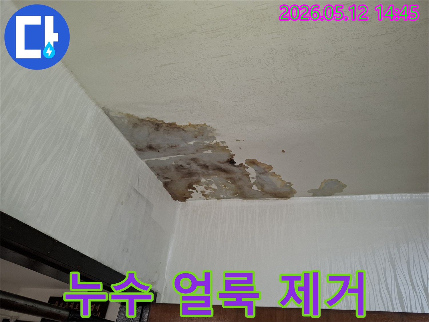 물이 새어-천장과 벽에-얼룩이 생기고-마감재가-손상된-아파트 누수-현장의-실제 모습입니다