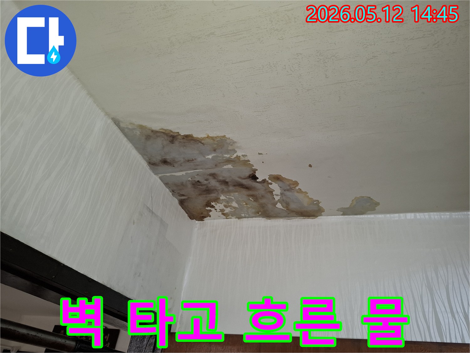 오래된 아파트에서-발견된 천장 누수로-인해-벽면까지-물이 흘러내린-모습을 담고 있습니다
