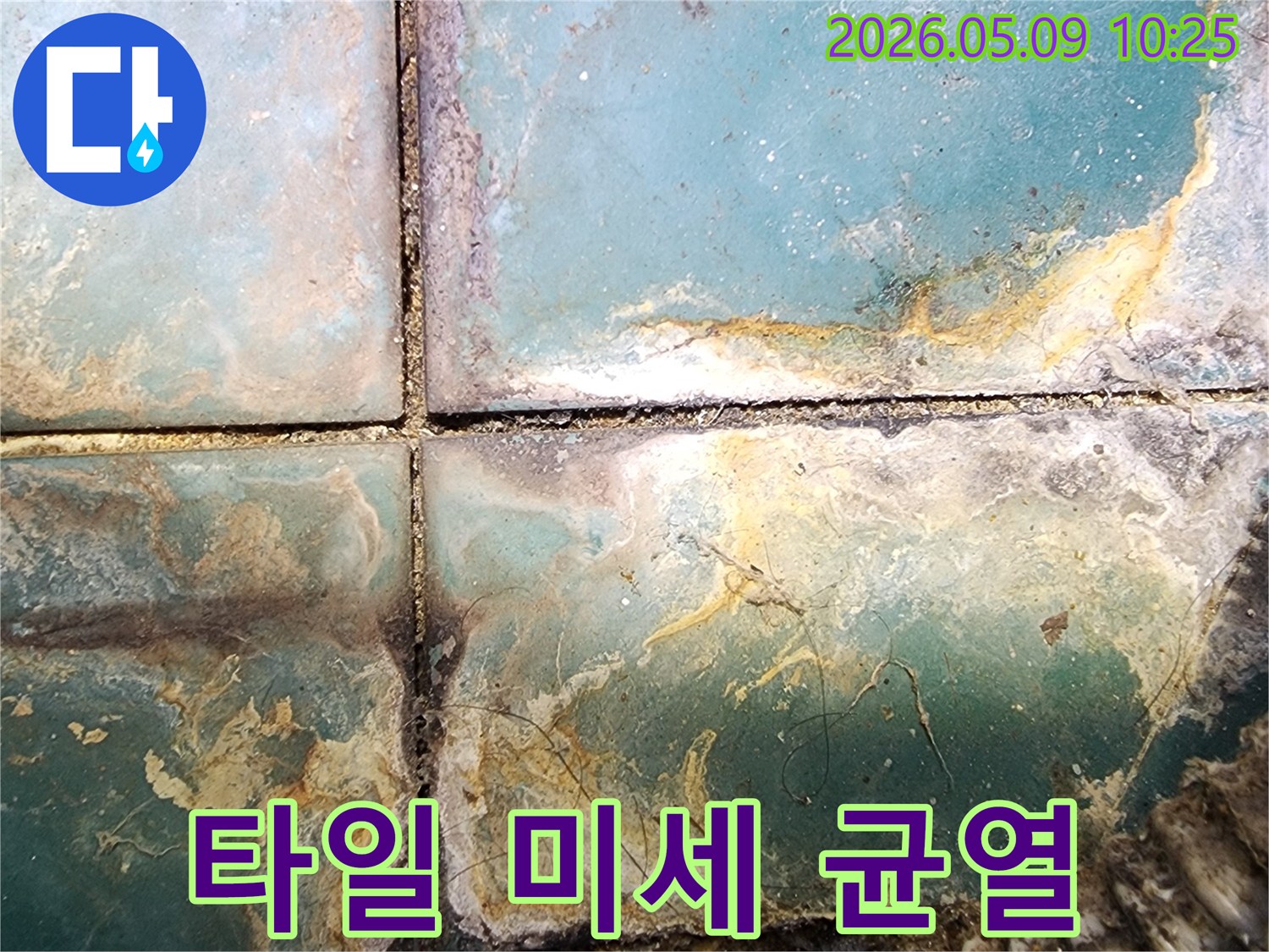 타일 표면에 나타난 미세한 균열과 주변의 물 침투 흔적-누수로 인한 구조적 손상이 우려되는 현장