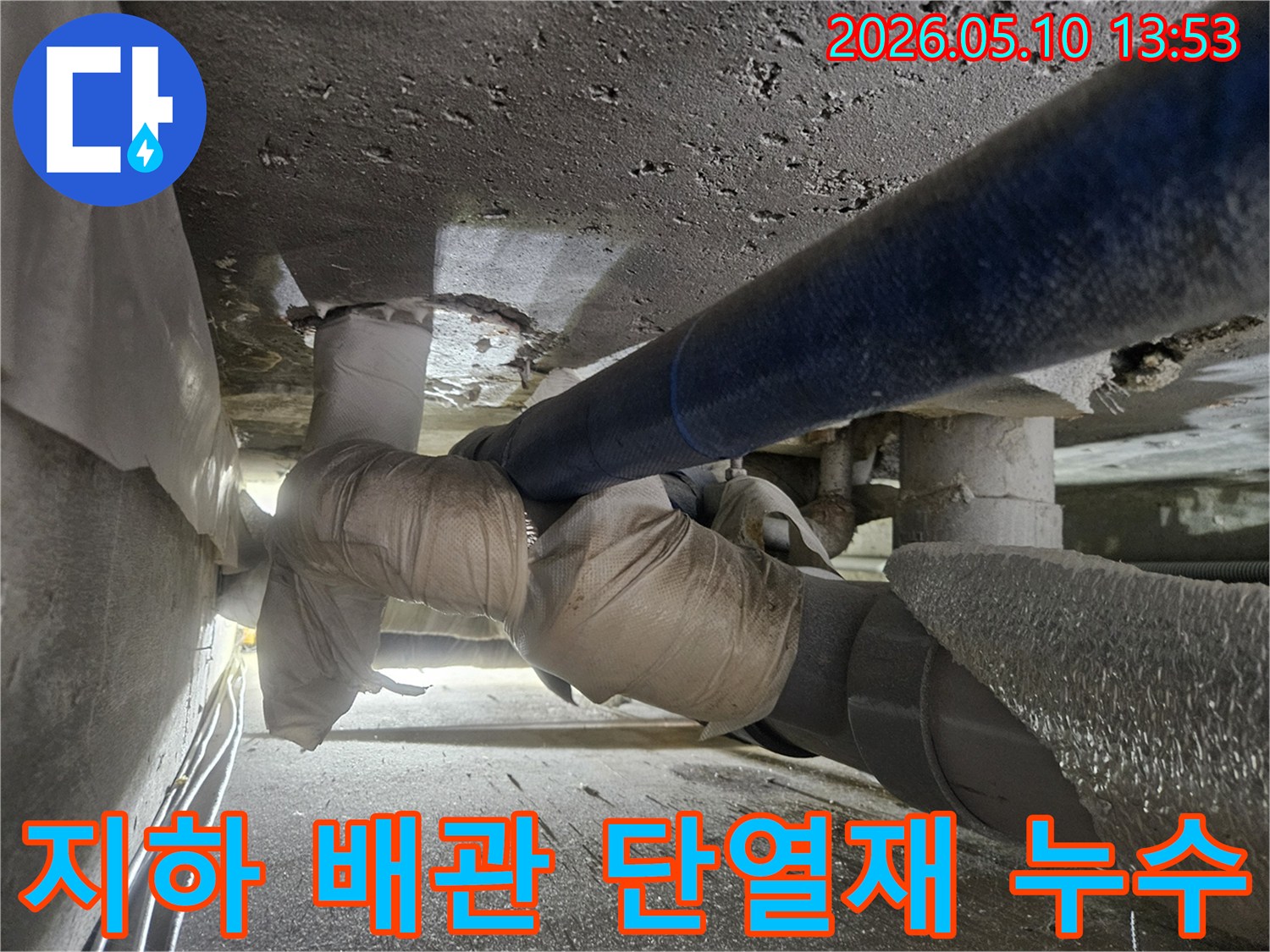 일산동구-주택-지하에서-단열재-손상으로-인해-발생한-배관-누수-현장을-점검하고-피해-상태를-확인하는-모습