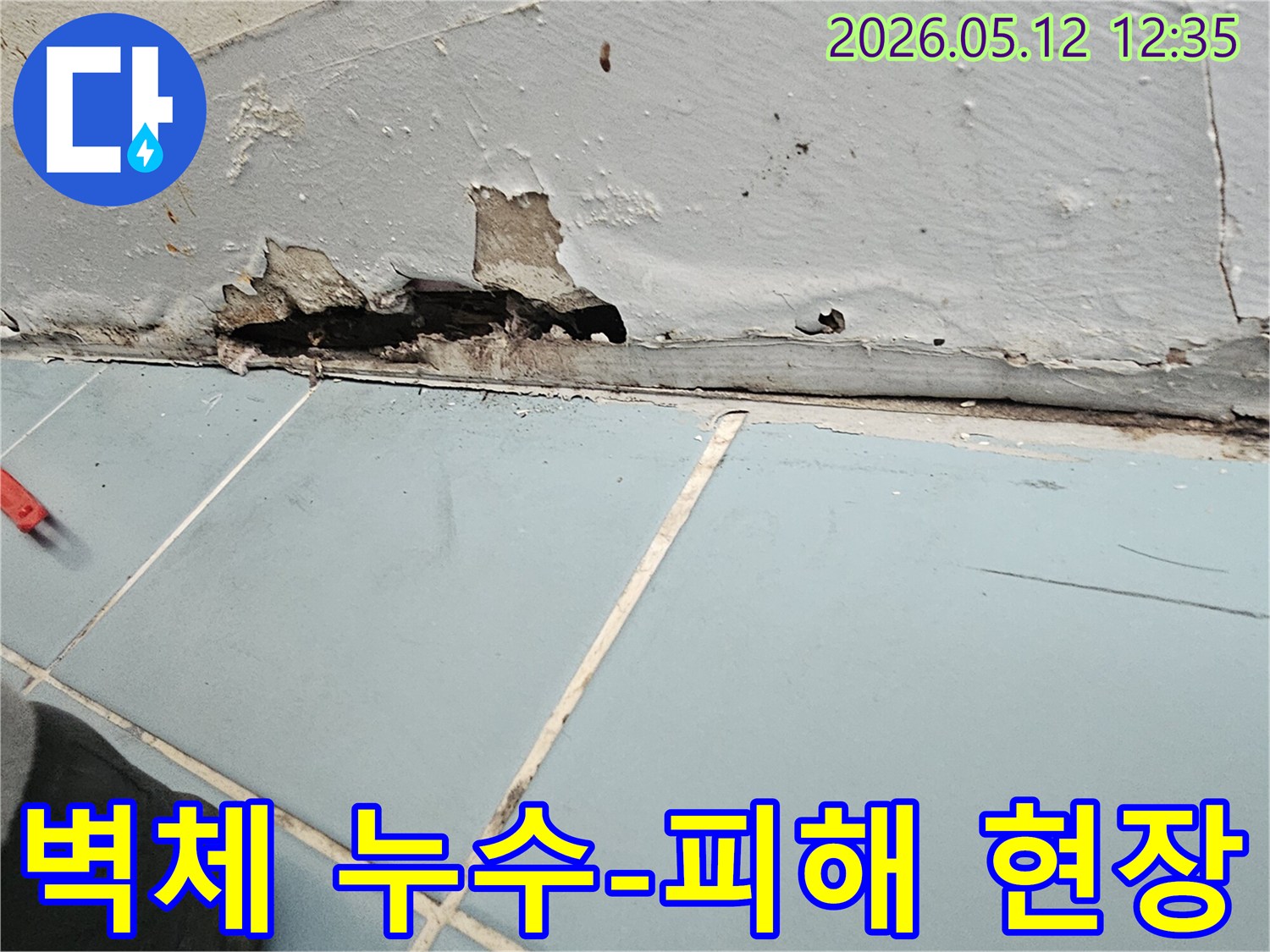 벽면 하단부가 물에 젖어 페인트가 벗겨지고-내부 구조물이 노출된 심각한 누수 상황입니다