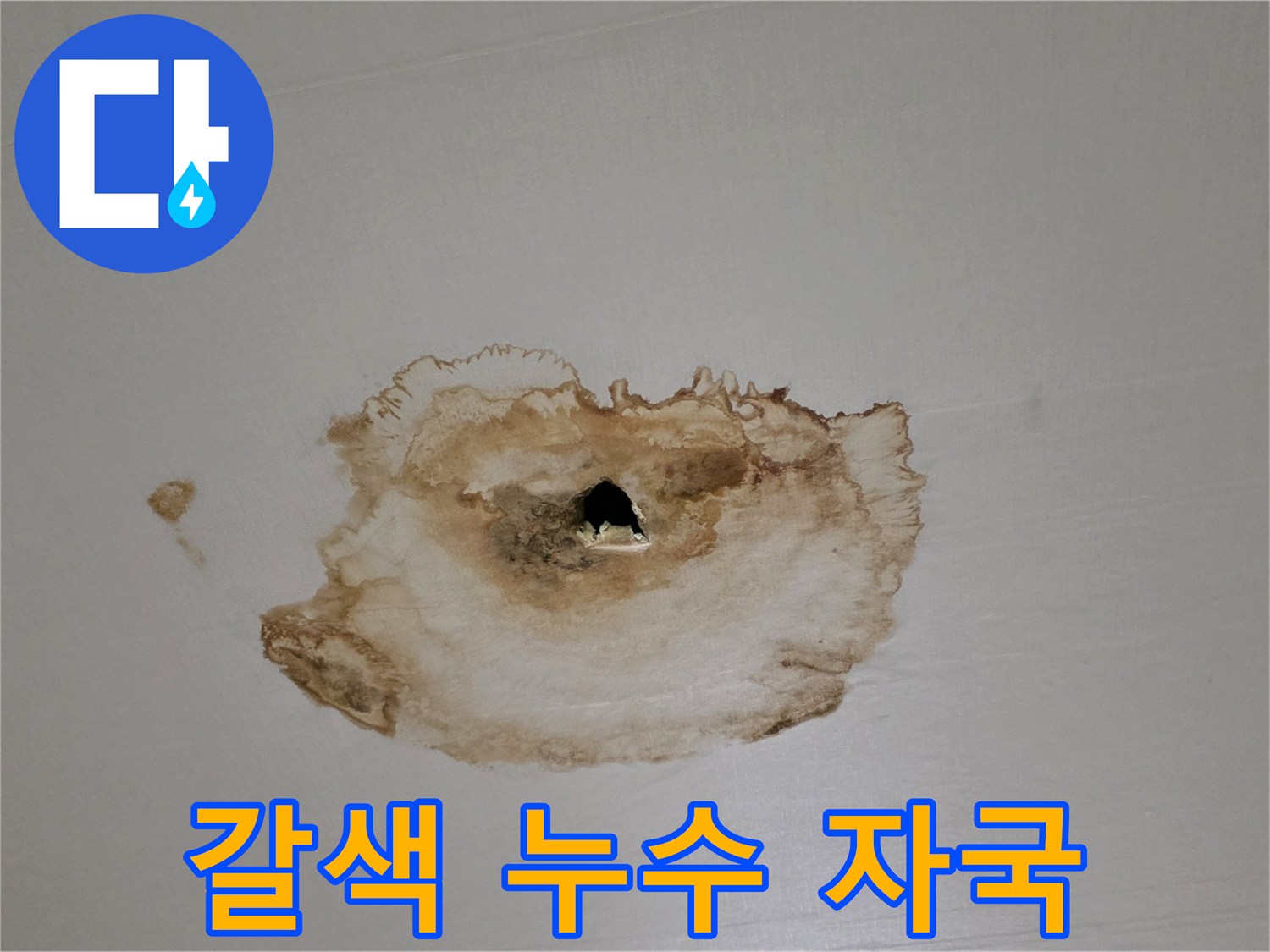 천장 벽지가 젖어 생긴 갈색 얼룩과 변색된 부위