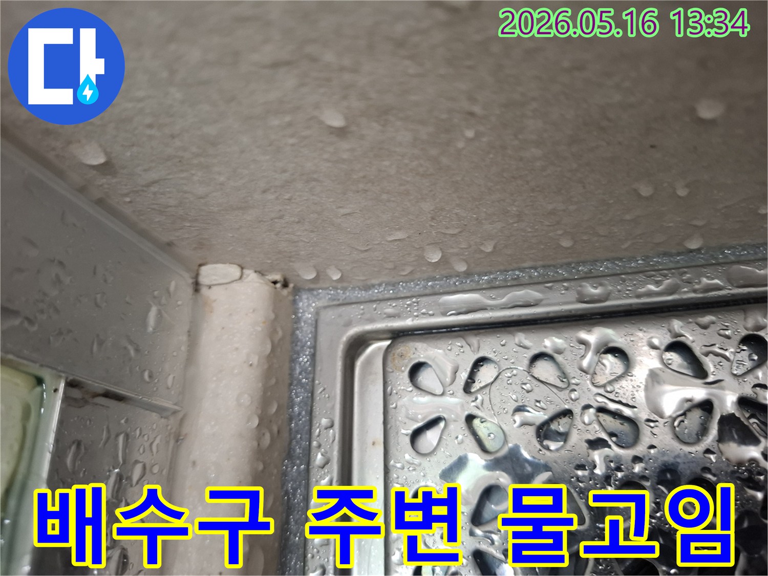 사진은 샤워실 배수구 가장자리에 물이 고여있는 모습을 보여주며-방수 문제의 징후를 나타냅니다.