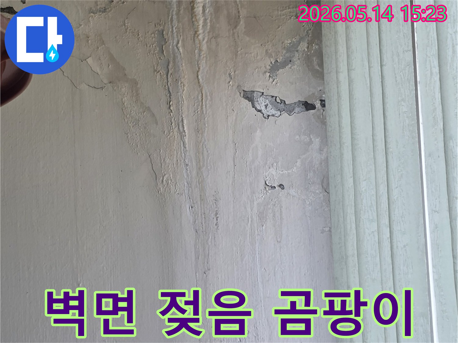 이 이미지는-벽면이 물에 젖어-변색되고-곰팡이가 피어난-심각한 오염 상태를-보여주며-위생 문제를-나타냅니다.
