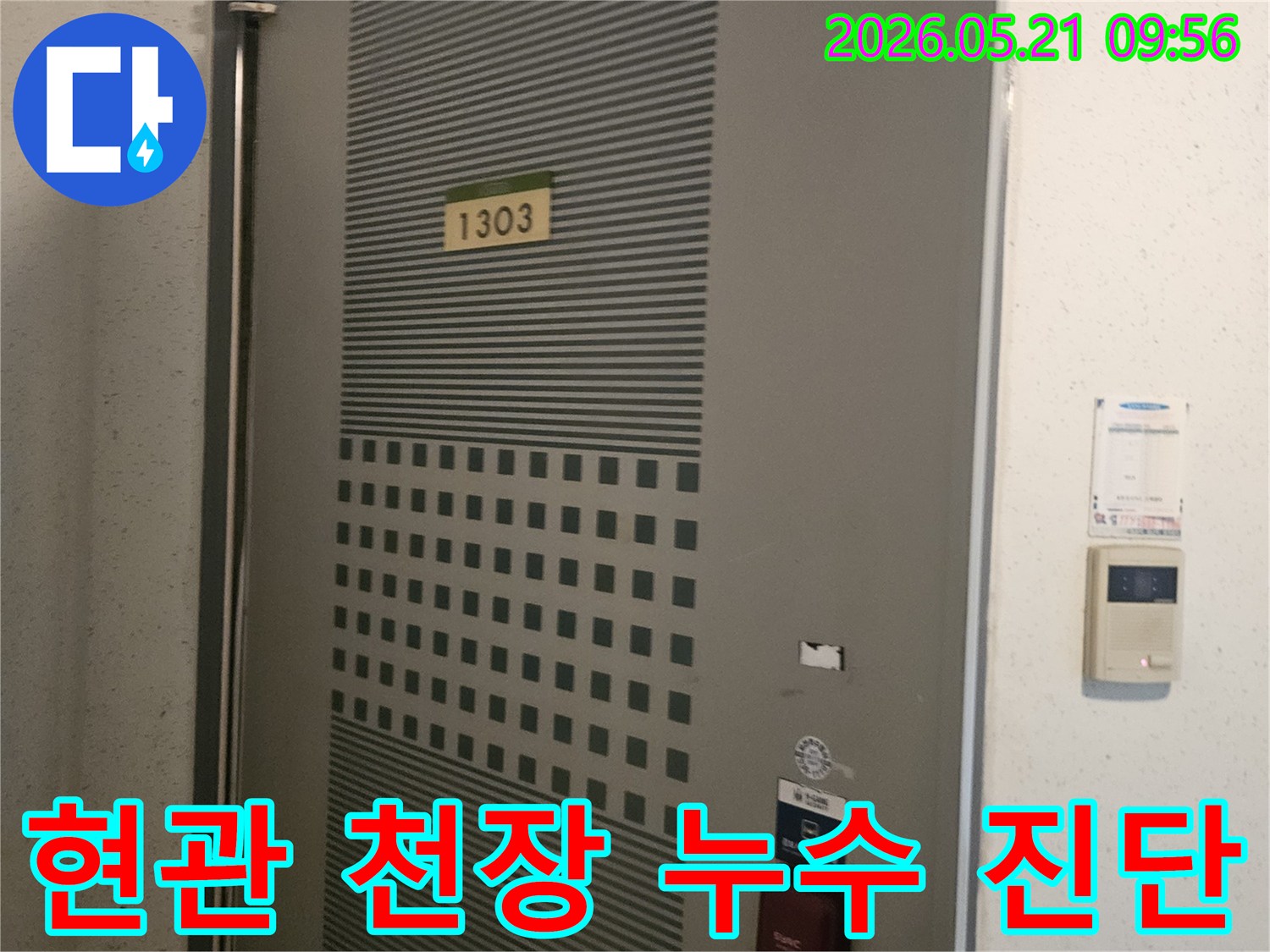 포천-신북면-아파트-현관-입구-천장의-누수를-누수-전문가가-정밀하게-진단하고-수리-계획을-세우는-모습