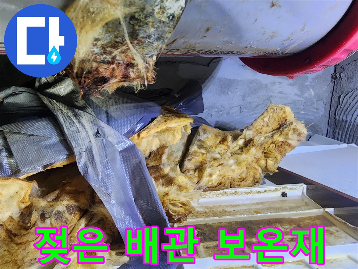 천장 내부의 젖어 있는 배관 보온재와 오염된 상태를 보여주는 사진