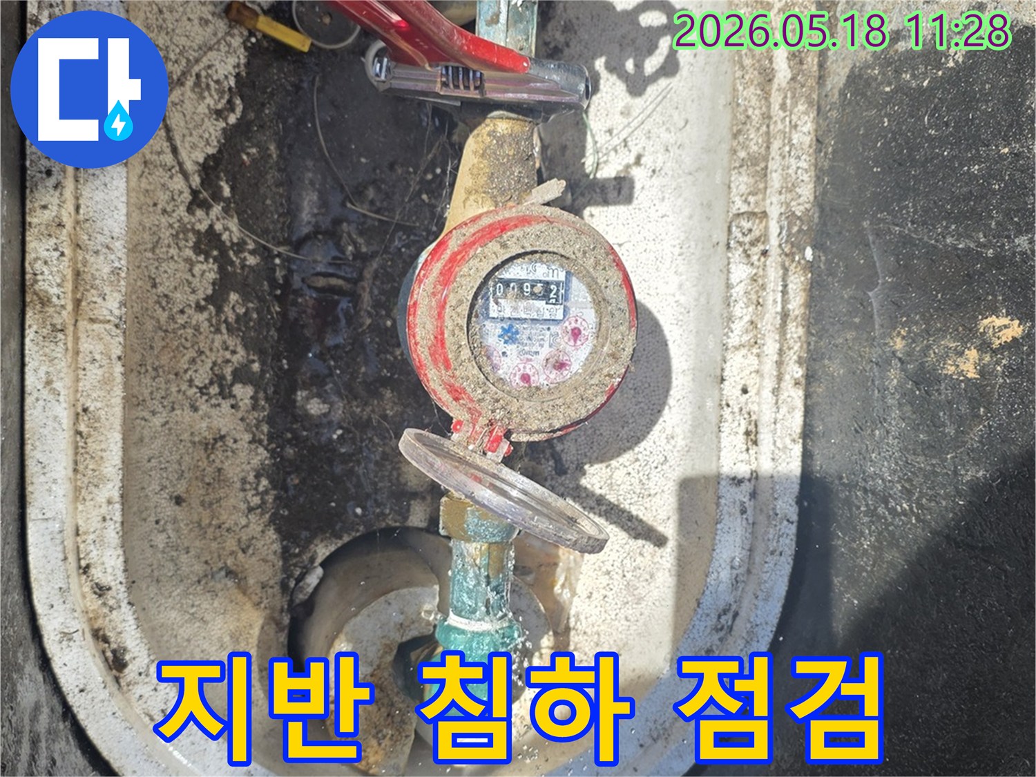 중랑구 지역의 누수 진단을 위해-수도 계량기 주변 지반의 침하 여부를 점검하며-배관 손상 가능성을 확인하는 모습입니다.