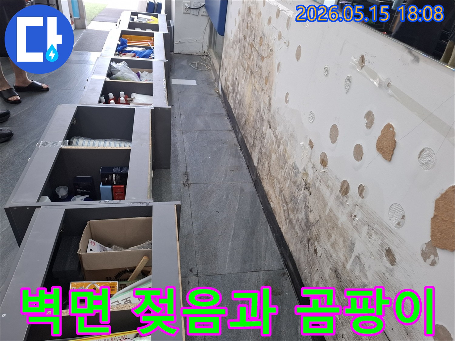 물이 스며들어 젖은 벽면과-그로 인해 발생한 곰팡이-누수 현장의 생생한 모습