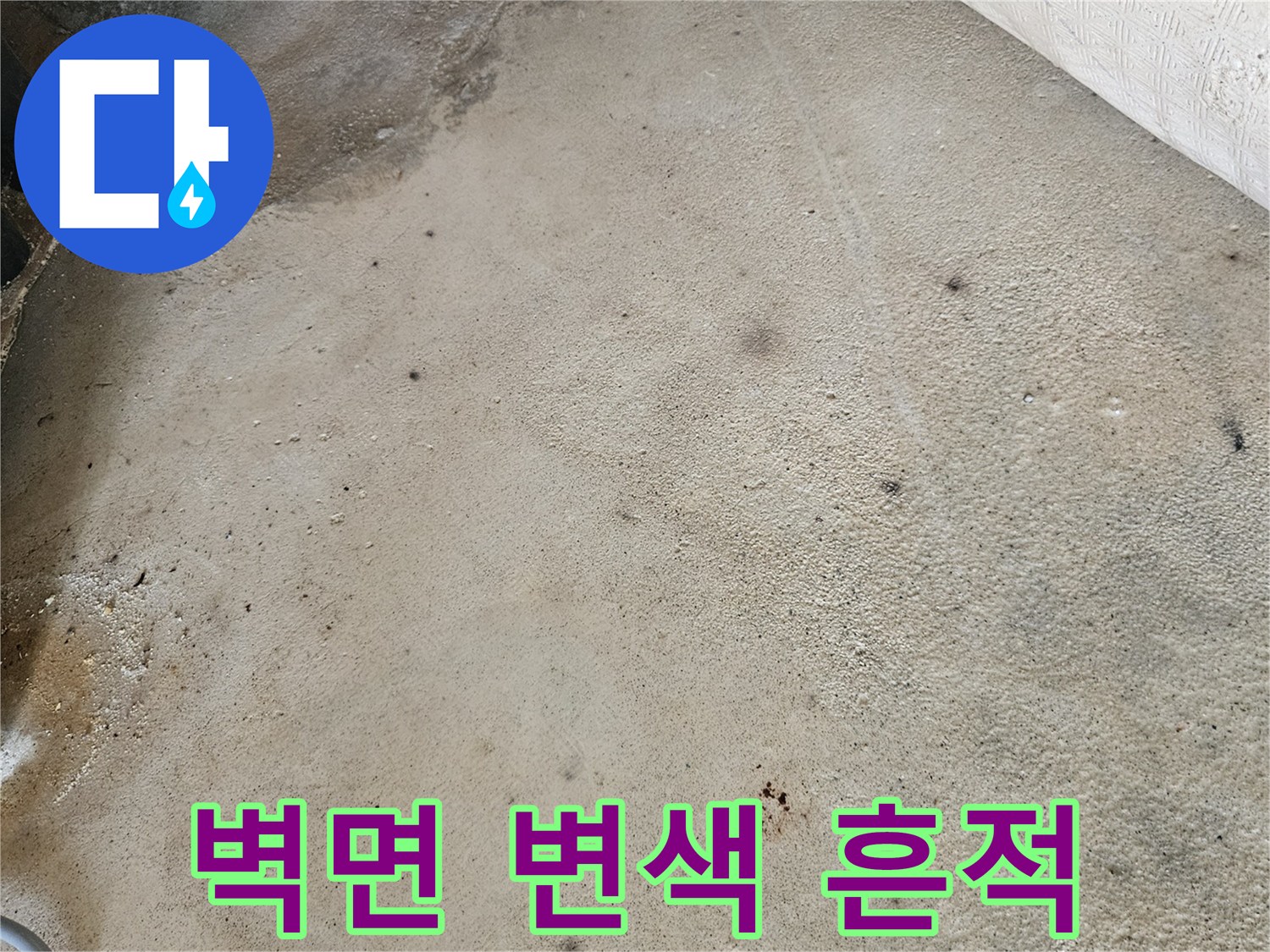 아파트 벽면의 젖은 자국과 습기로 인한 변색 상태