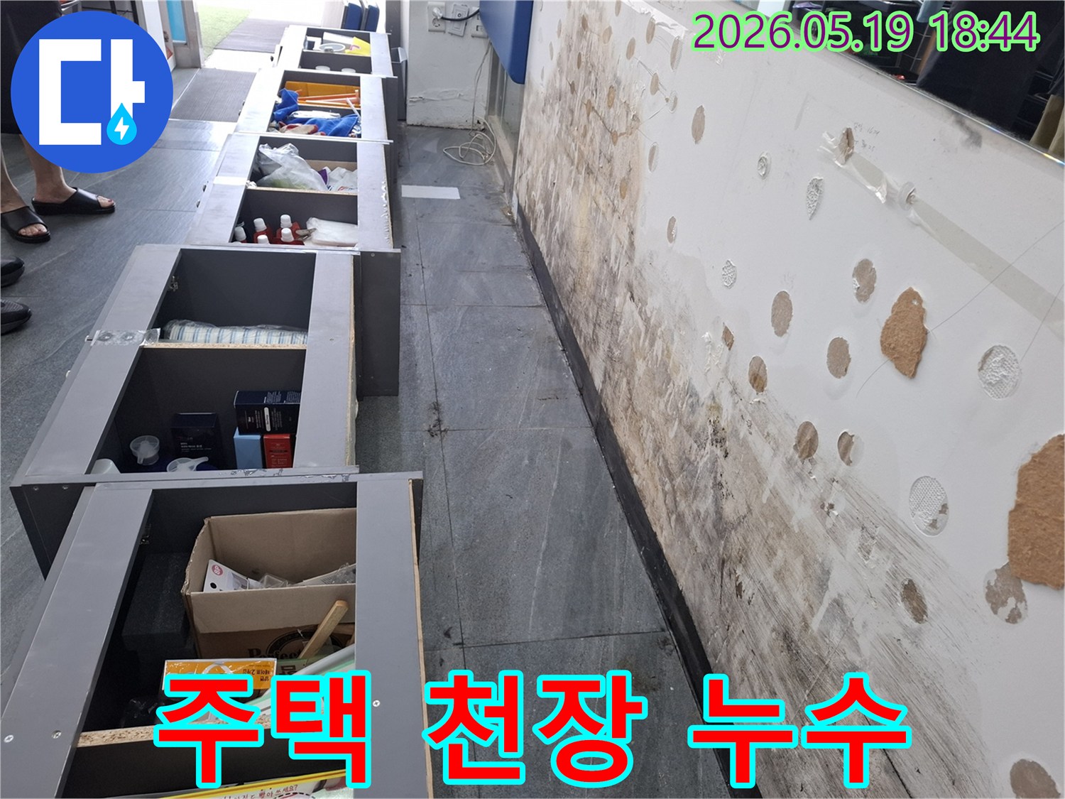주택 천장 누수로 인해 벽면에-곰팡이가 심하게 번식한 현장 모습