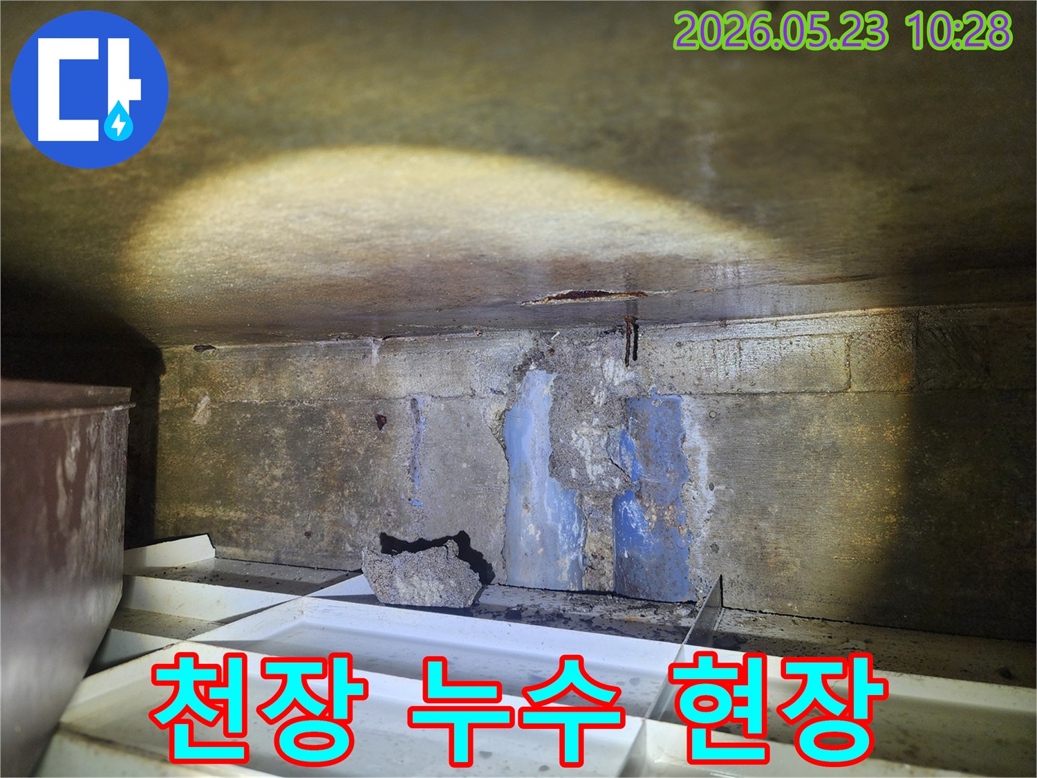어두운-지하-공간의-천장-콘크리트-균열에서-물이-새는-누수-현장을-조사하는-모습