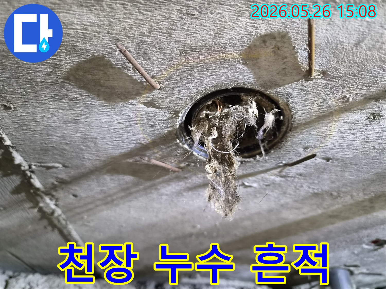 콘크리트 천장 구멍에서-오래된 이물질과-물방울이-맺힌-누수-현장의-상황을-보여주는-사진
