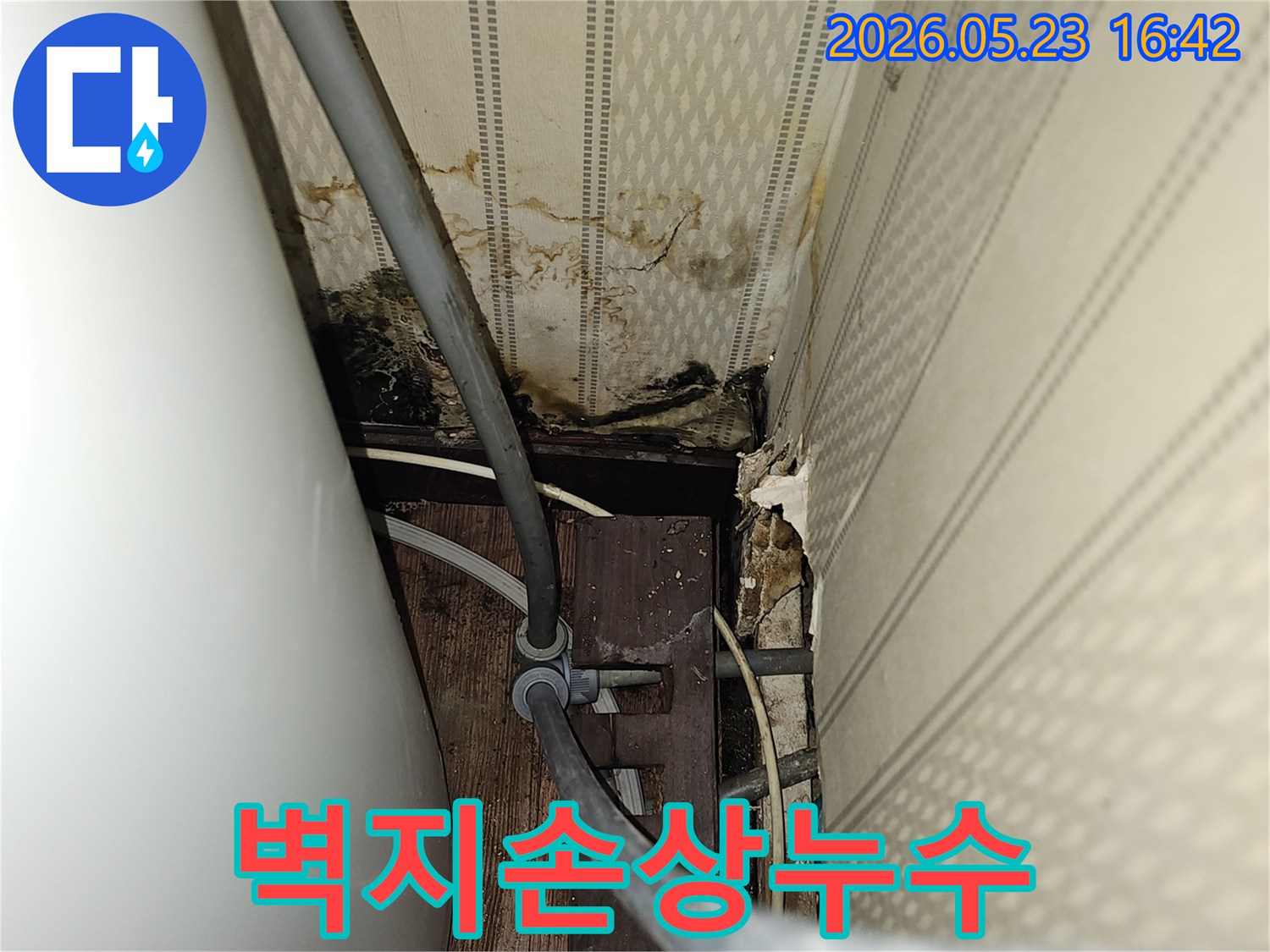 이 사진은 벽면과 천장 경계에 발생한-심각한 누수로 인한 벽지 손상과-곰팡이 흔적을 상세히 보여줍니다.