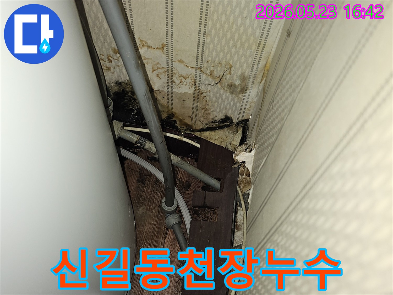 이 이미지는 심각한 천장 누수로-인해 벽지가 젖고-곰팡이가 발생한-욕실의 모습을 보여줍니다.