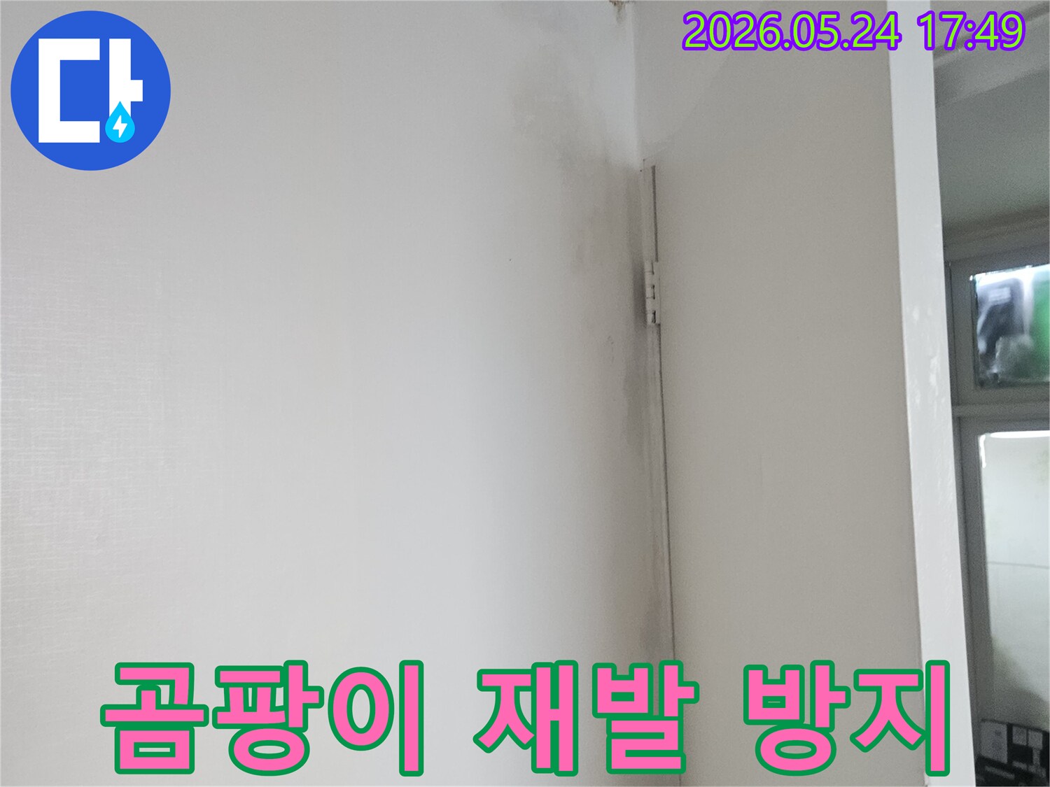 천장과 벽이 만나는 모서리에 생긴-누수로 인한 곰팡이와 얼룩이 보이는 사진입니다