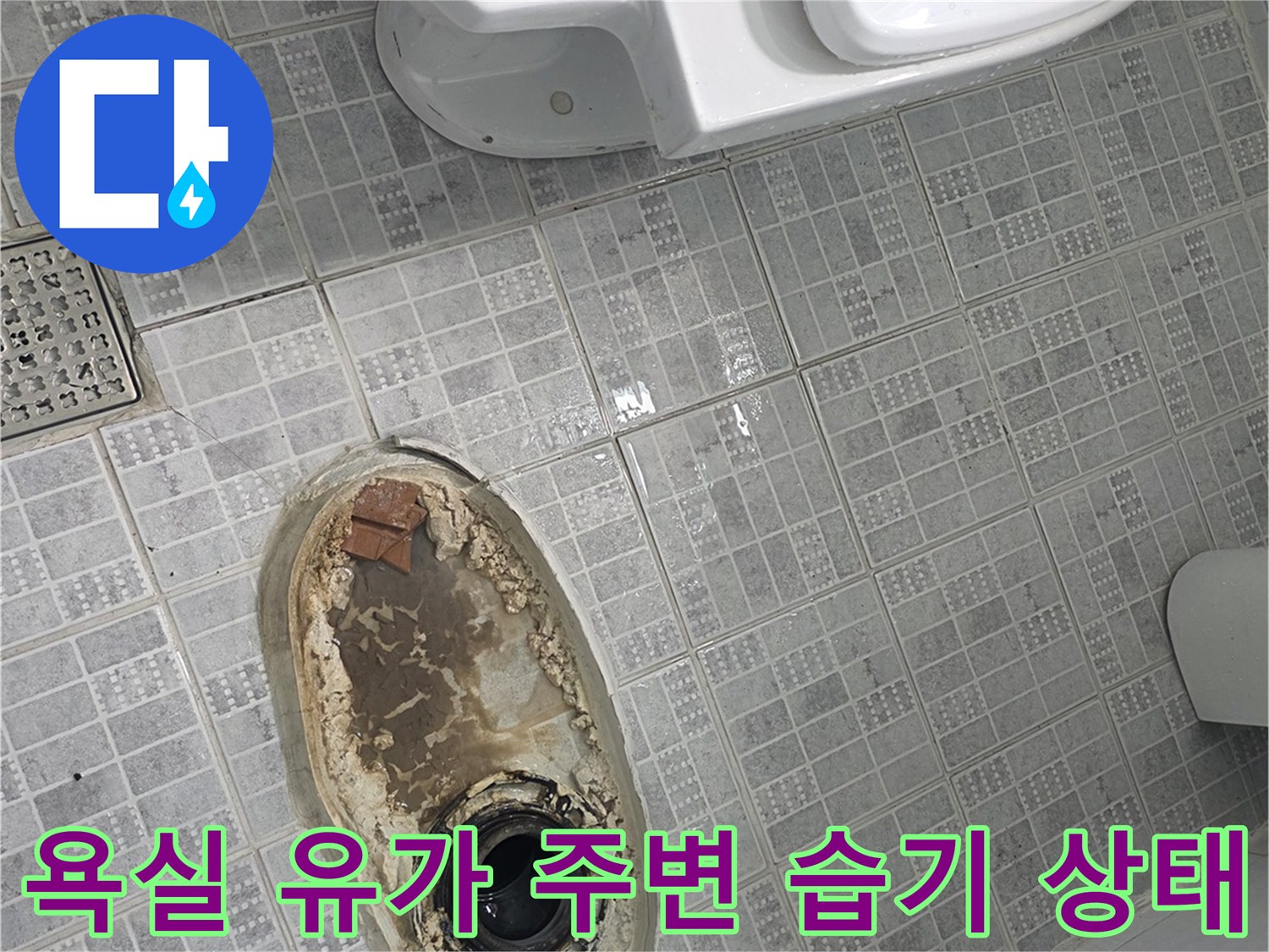 배수구 주위 타일 사이로 스며든 물기와 오염을 보여주는 이미지