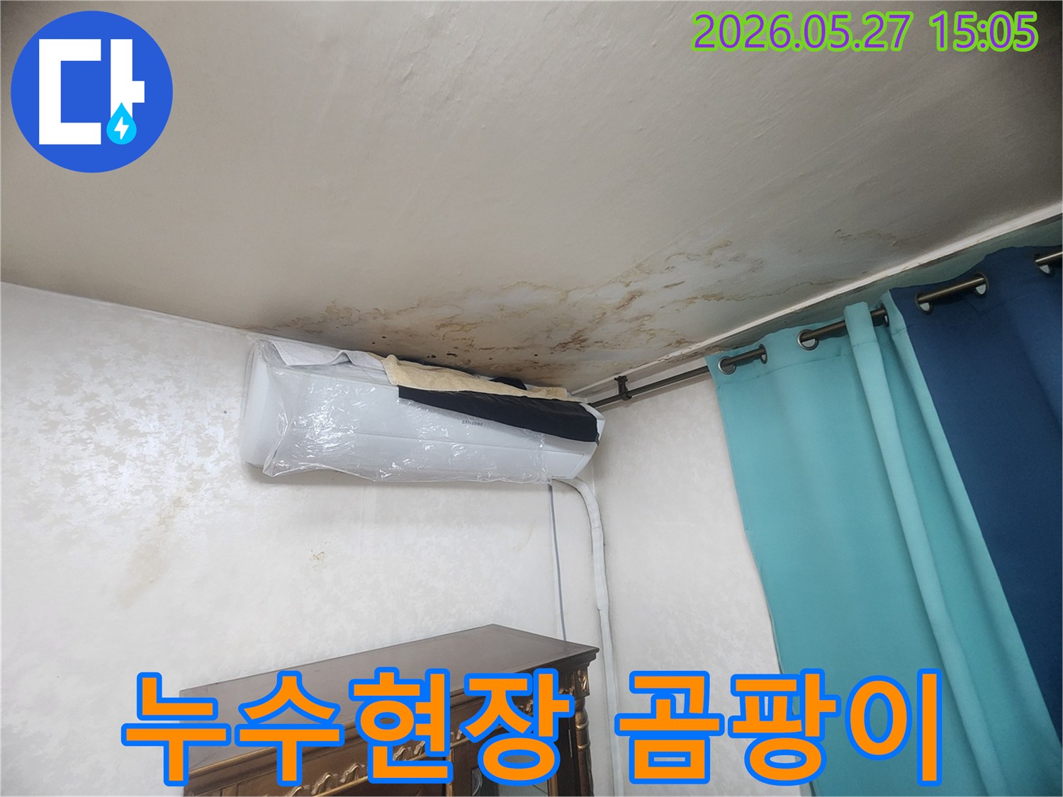 천장 벽지에 물이 스며들어 곰팡이가 생긴-누수 문제 해결 전 사진