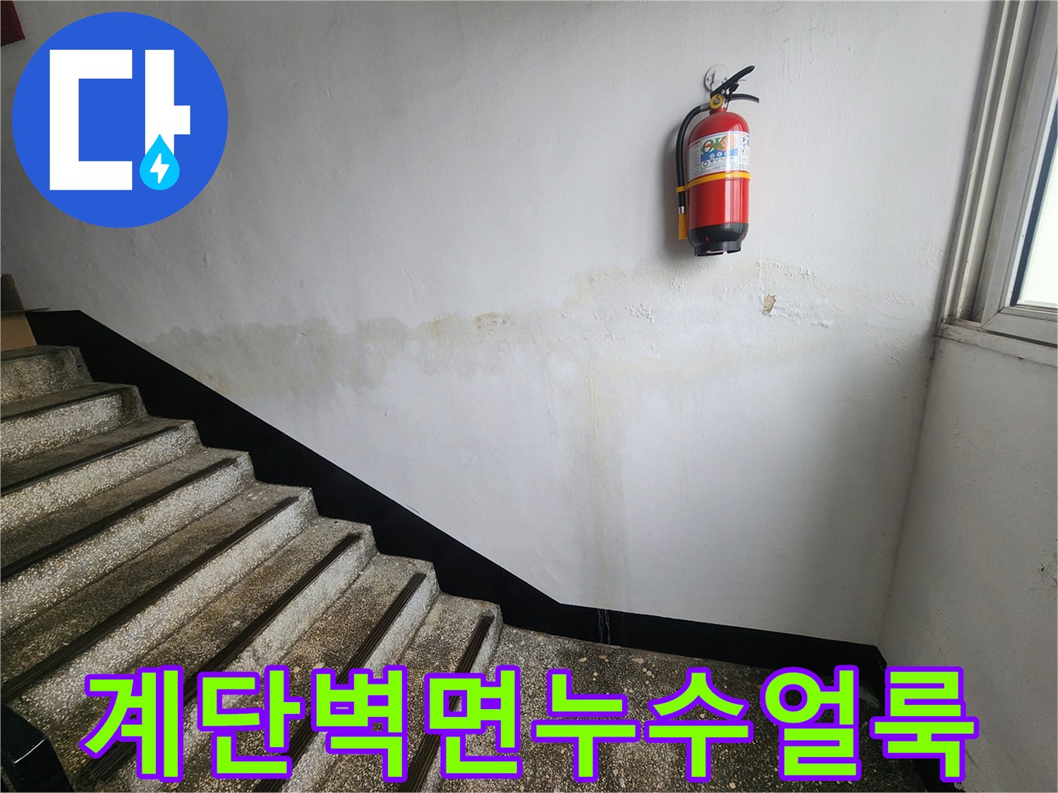 이 사진은-인천 남동구 아파트 계단 벽면에-선명하게 보이는-누수 얼룩을-담고 있습니다