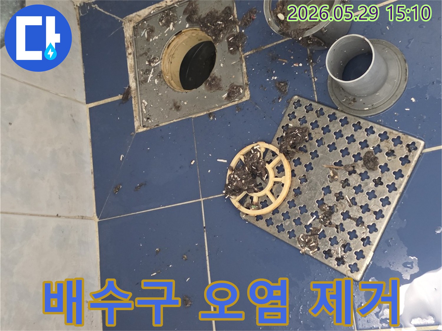 욕실 배수구에서-분리된-부품들과-그 주변에-쌓인-머리카락과-이물질을-제거하는-작업-사진입니다