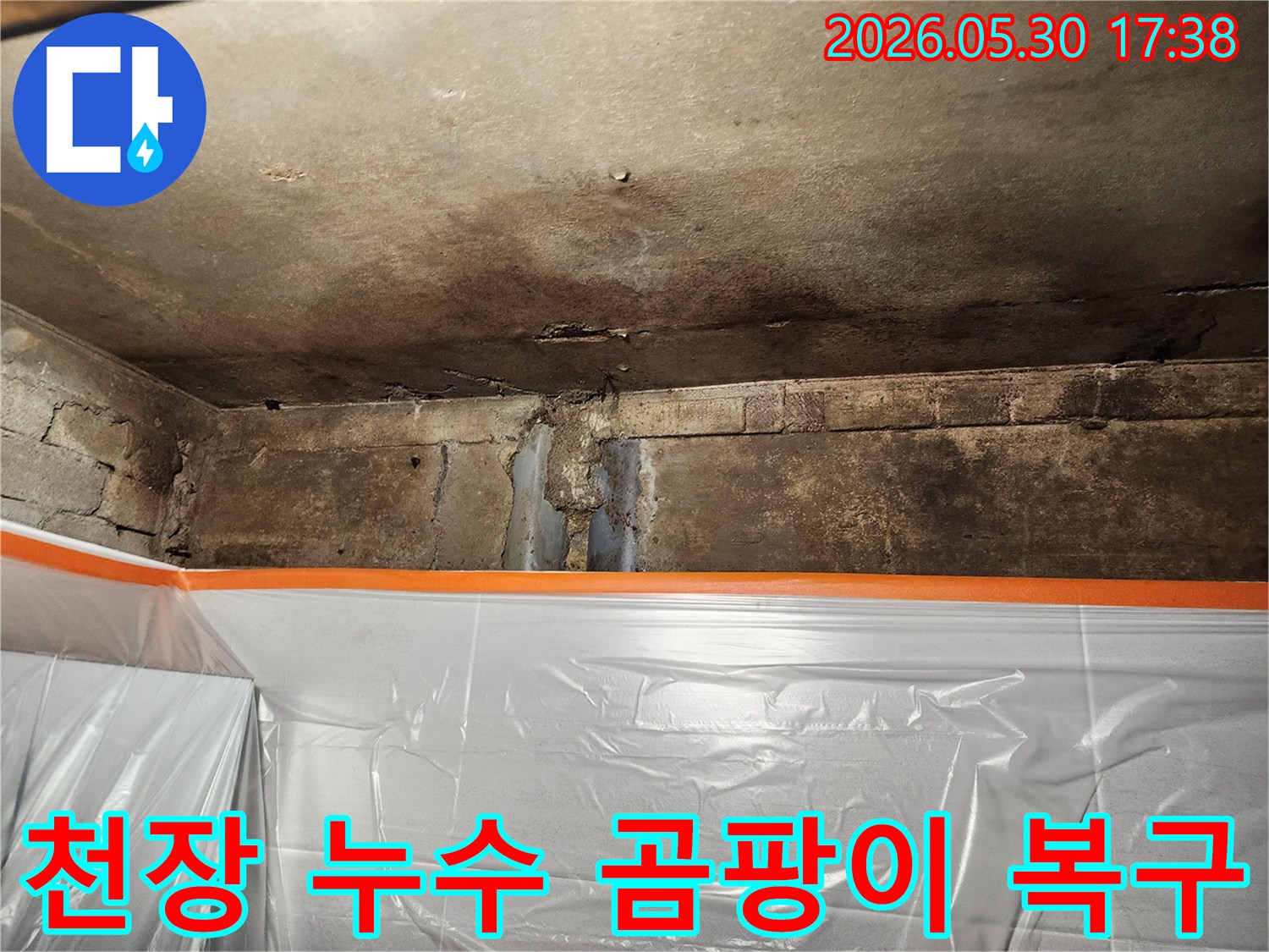 천장과 벽이 만나는 지점에서-누수로 인해 발생한 곰팡이와-손상된 콘크리트가 보이는 모습
