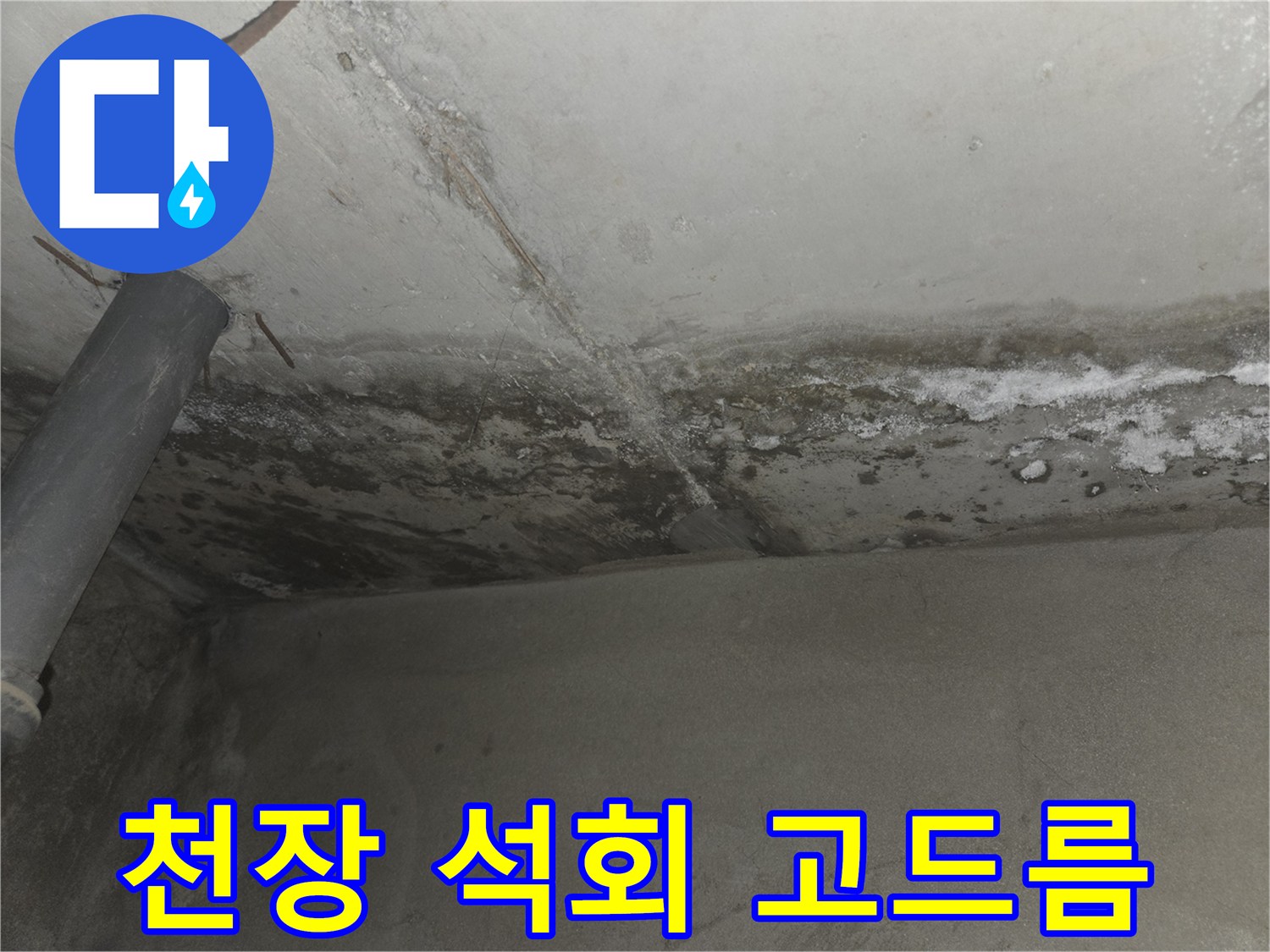 화장실 천장에 형성된-하얀색-석회 고드름과 물자국