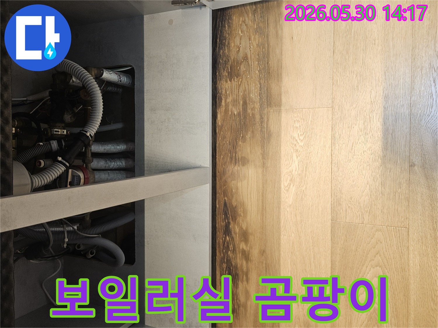 빌라 보일러실-하부에서-발견된-누수로 인한-곰팡이와-마감재 손상-현장을-점검하는 이미지