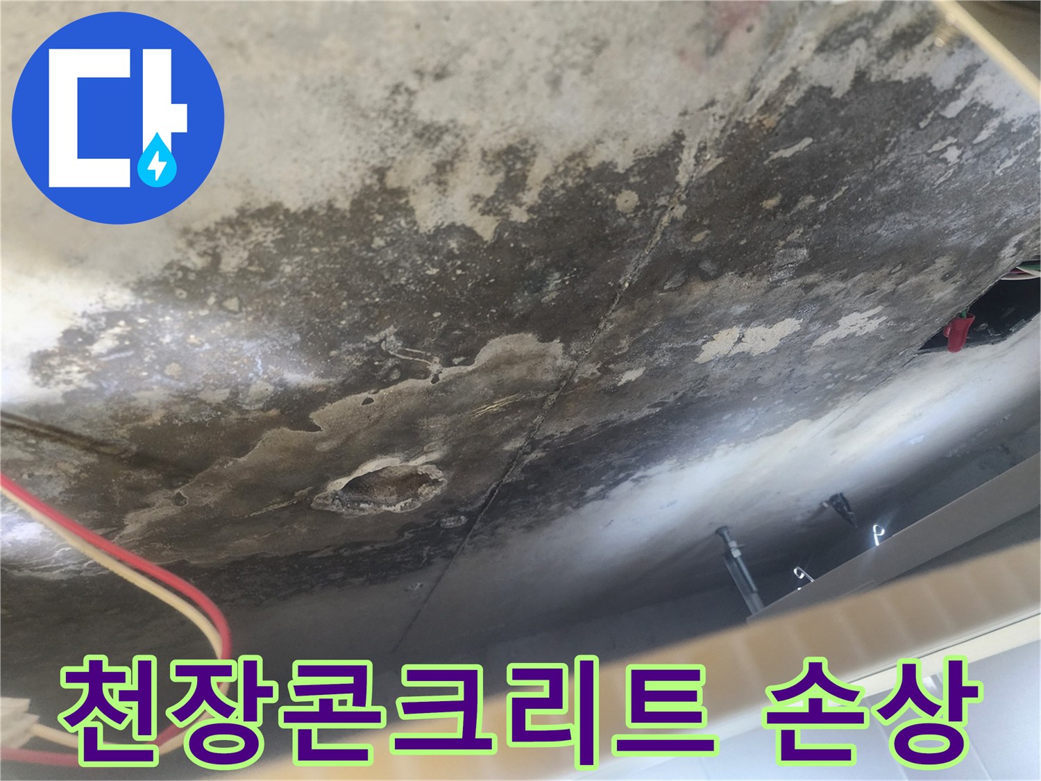 윗집 누수로 인해 천장 콘크리트가 심하게 손상되고 곰팡이가 발생한 모습입니다.