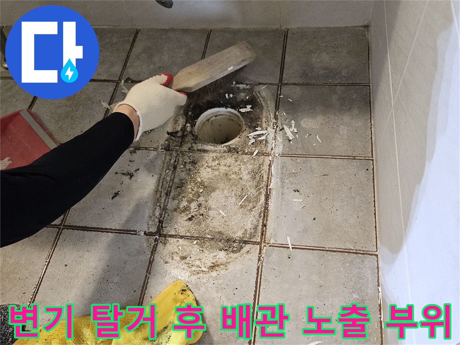 변기를 들어낸 뒤 드러난 배관과 주변 타일의 오염된 상태를 보여줍니다.