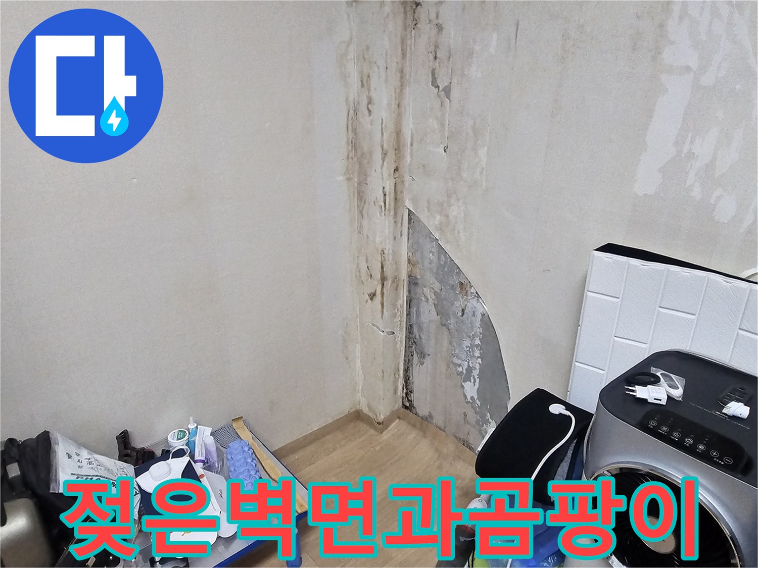 상가 내부의 곰팡이가 피어있는 벽면과 습기가 찬 마감재 사진입니다.
