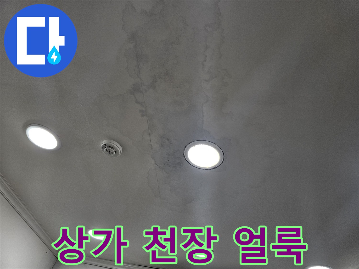 용인 수지 상가 천장의 넓은 물샘 흔적과 얼룩 상태