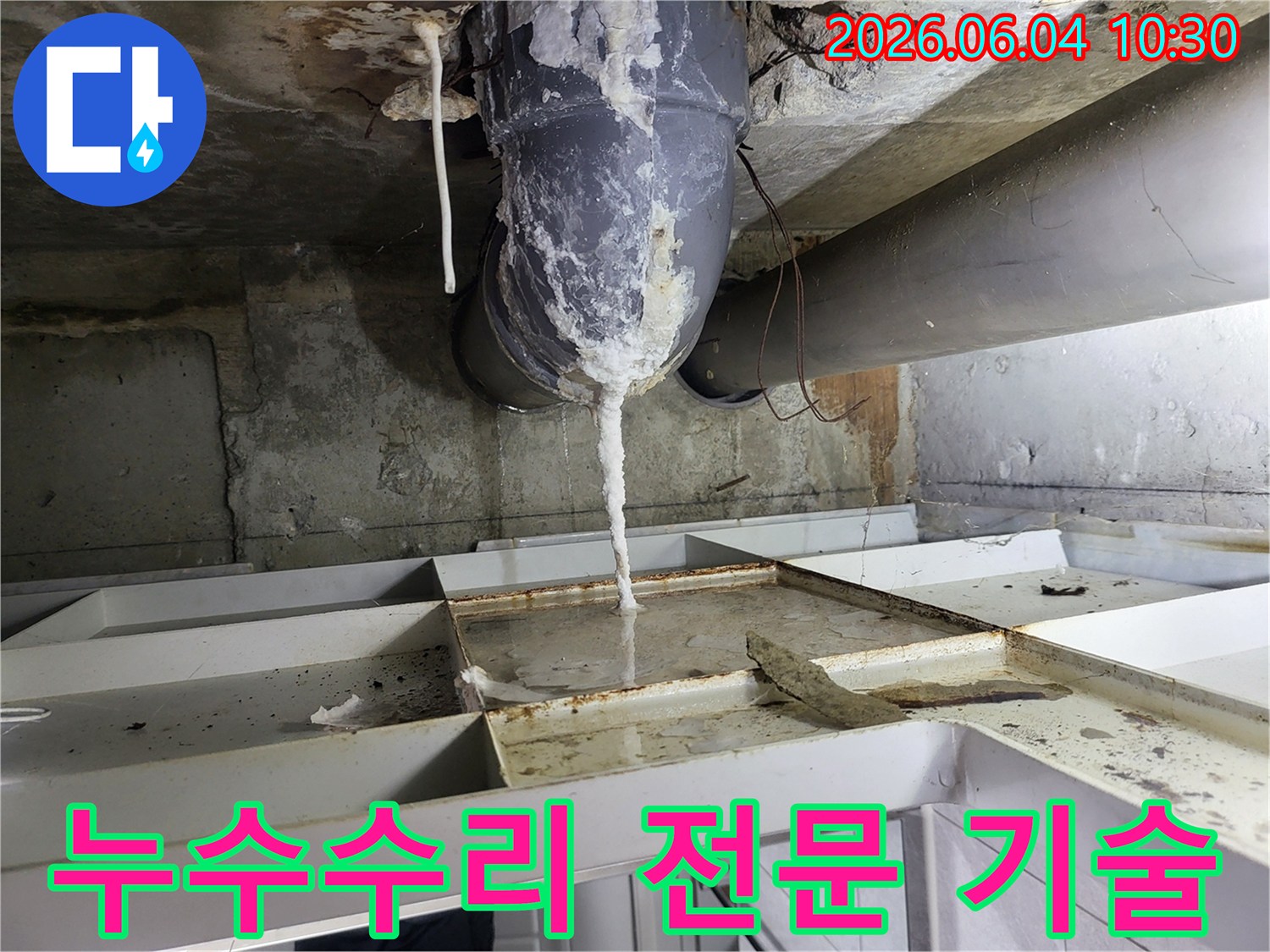 천장 배관에서 물이 새어 나와-석회질이 고드름처럼 맺히고-아래 바닥에 물이 고인 누수 현장
