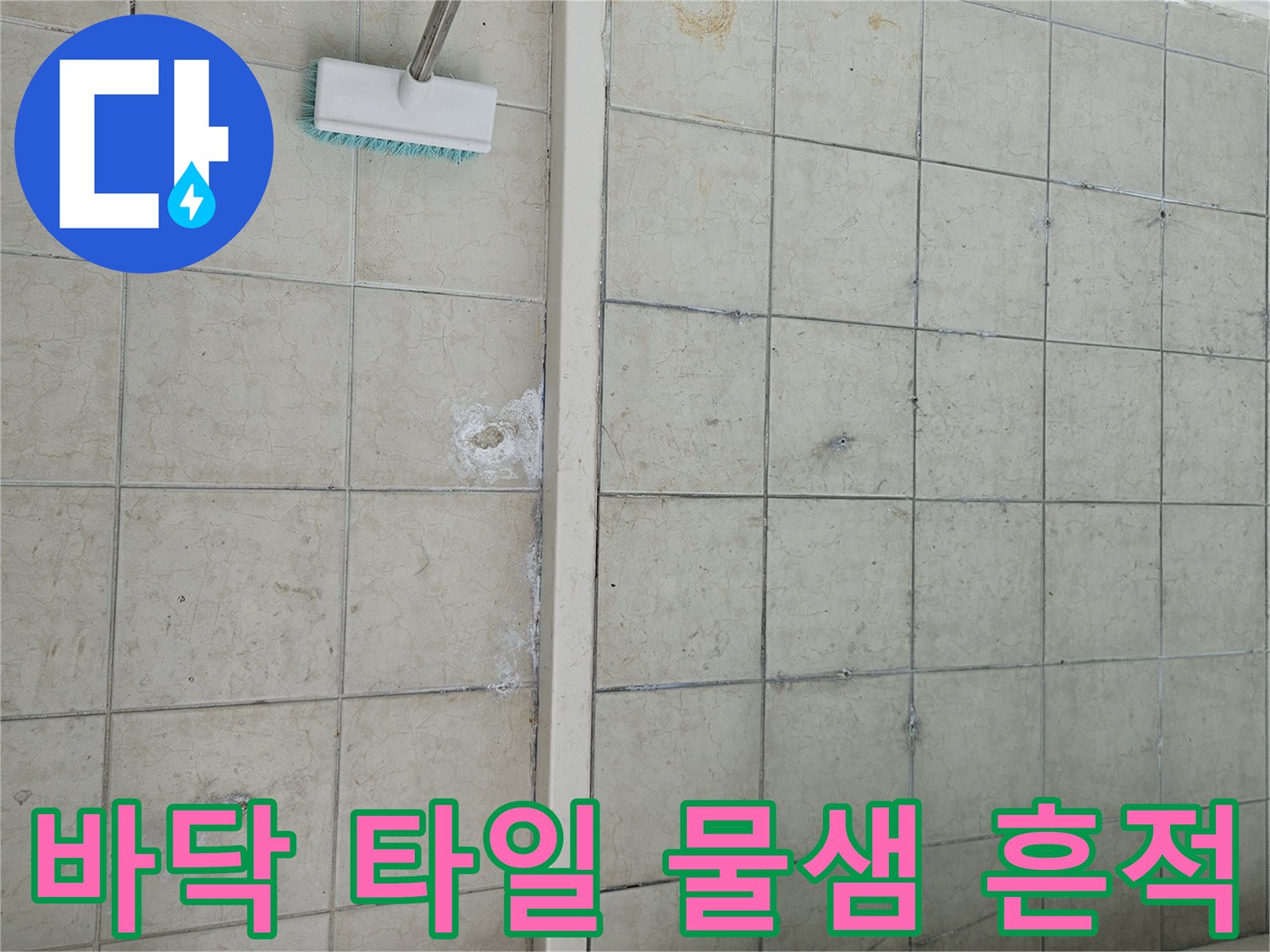 물기가 스며들어 변색된 베란다 타일과 줄눈 상태 촬영