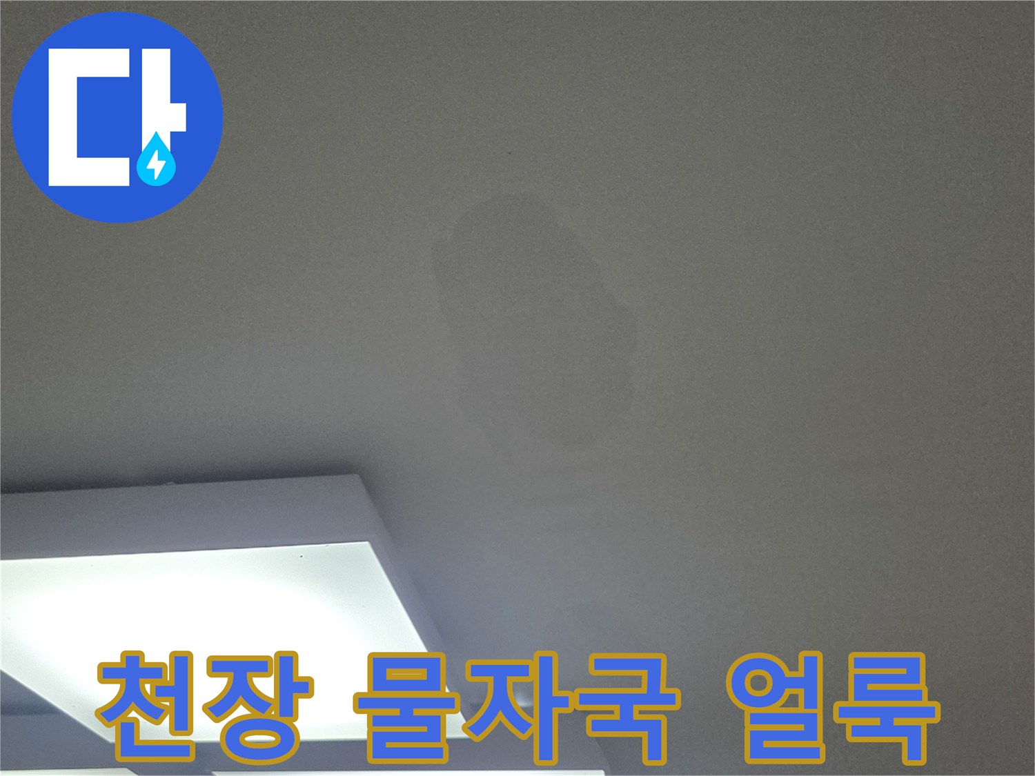 아파트 거실 천장에 발생한 넓은 범위의 누수 흔적과 변색된 벽지 상태