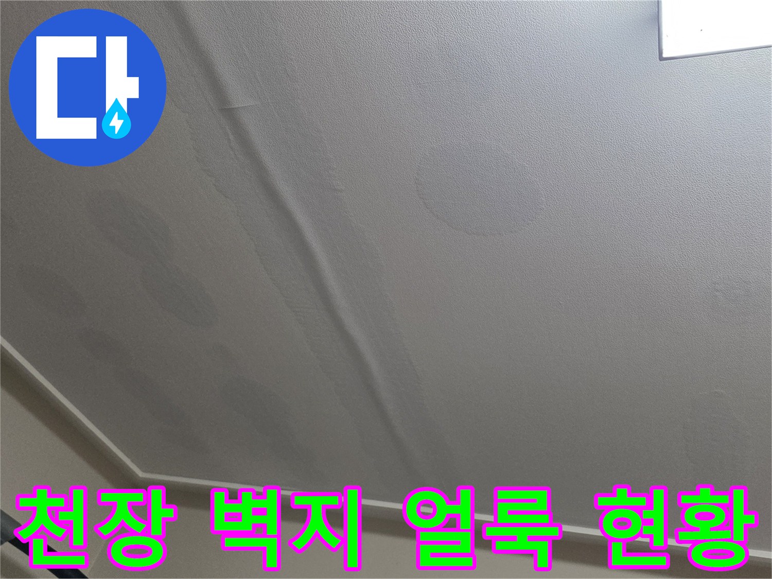 일산서구 아파트 거실 천장의 물샘 흔적과 변색된 벽지 상태를 보여주는 사진입니다.