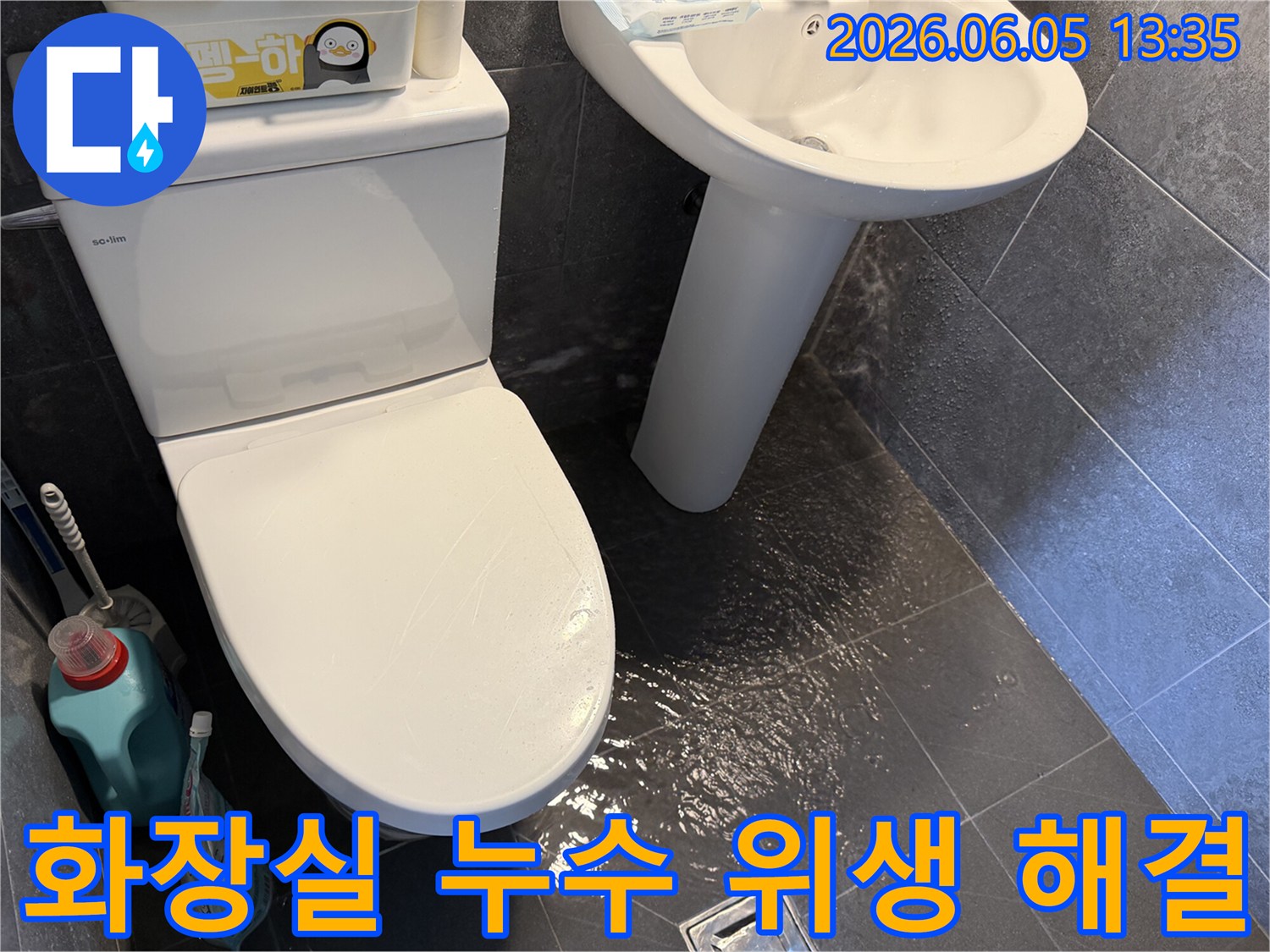 화장실-바닥에-고인-물을-통해-누수-문제를-보여주며-곰팡이-및-위생-문제-해결의-중요성을-강조하는-사진