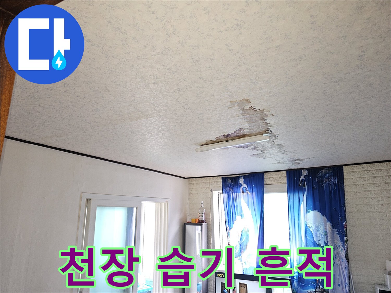 물샘으로 인해 변색되고 젖은 천장 벽지 모습