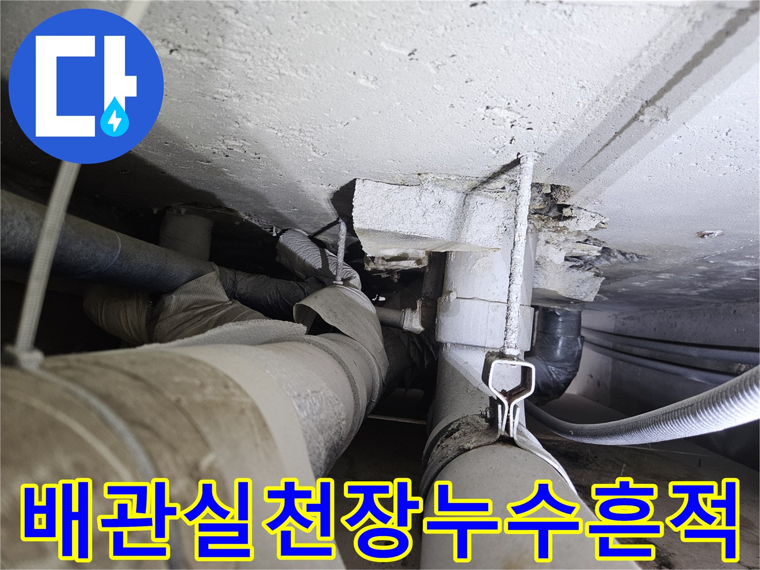 건물 하부 배관실-콘크리트 슬라브의 누수 흔적과 오염된 배관 상태