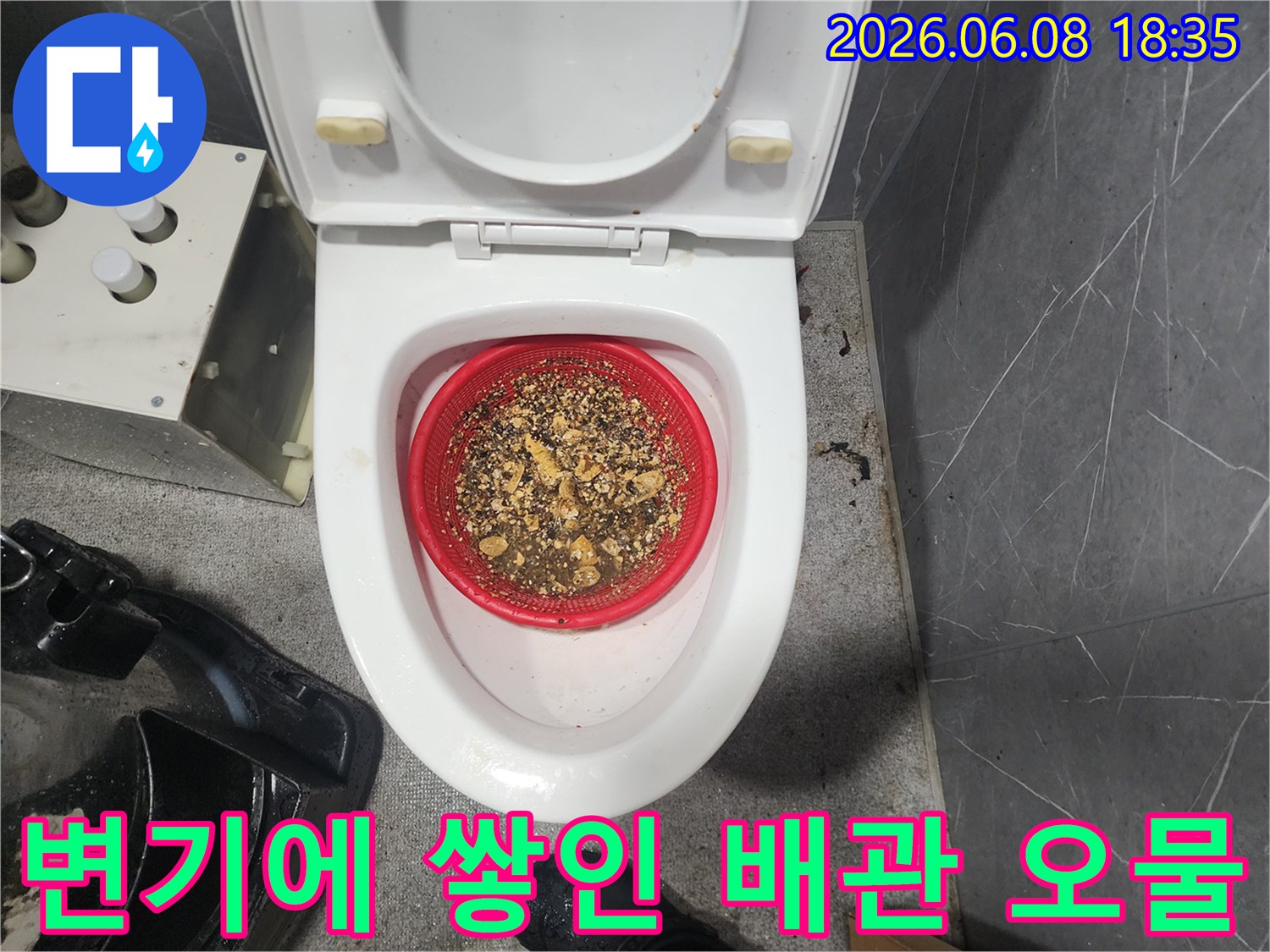 변기 내부 거름망에 모여 있는 분쇄된 슬러지 덩어리들