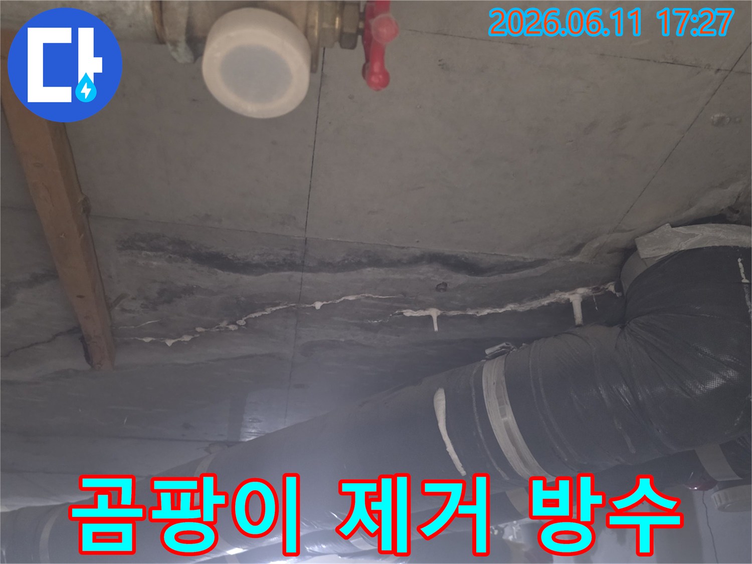 누수 보수 전 천장 콘크리트의 백화 현상과 배관 주변의 물자국을 보여주는 현장 사진입니다