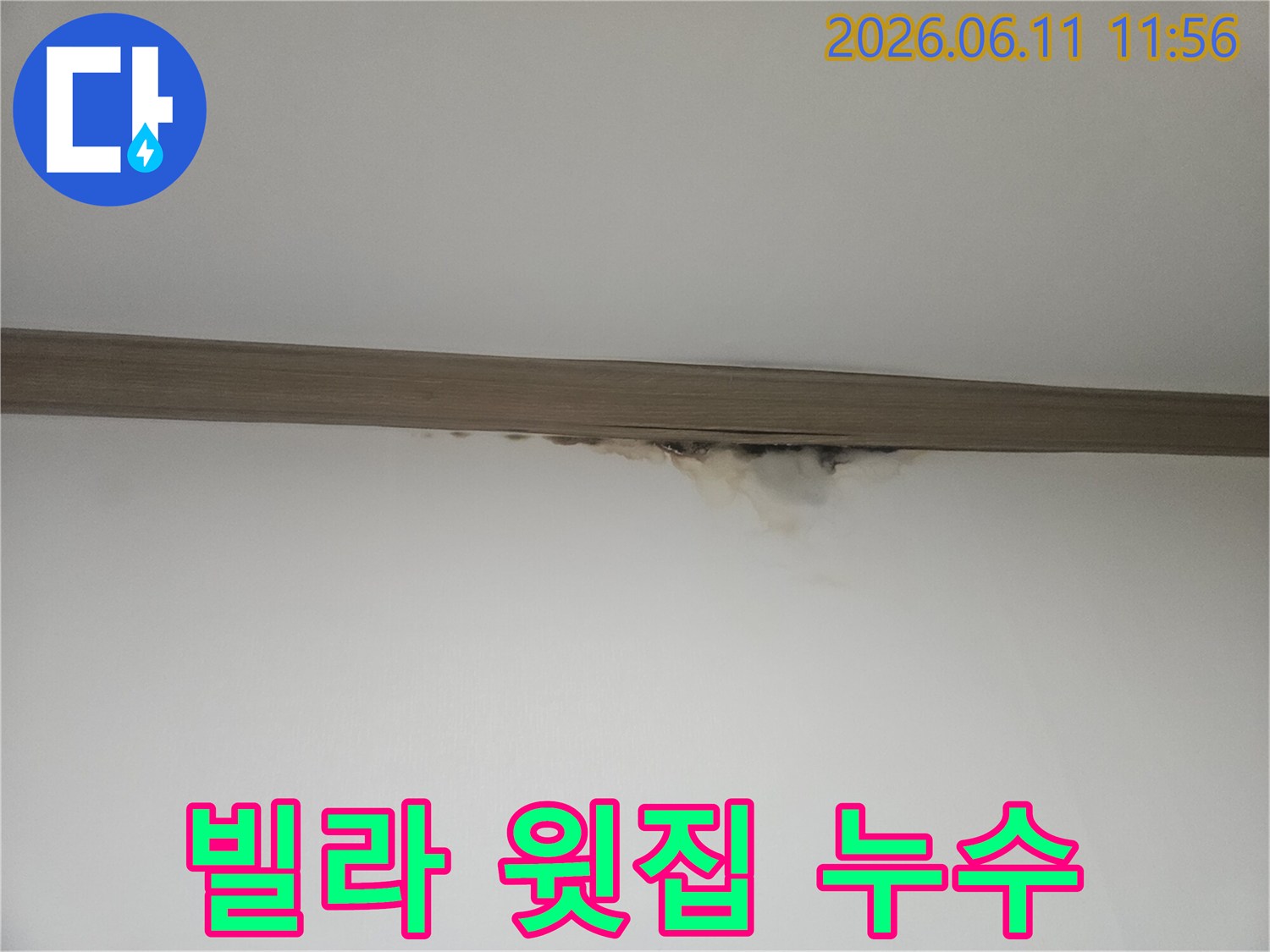 빌라 천장과 벽의 경계에-윗집 누수로 인한 물자국과-곰팡이가 발생한 현장
