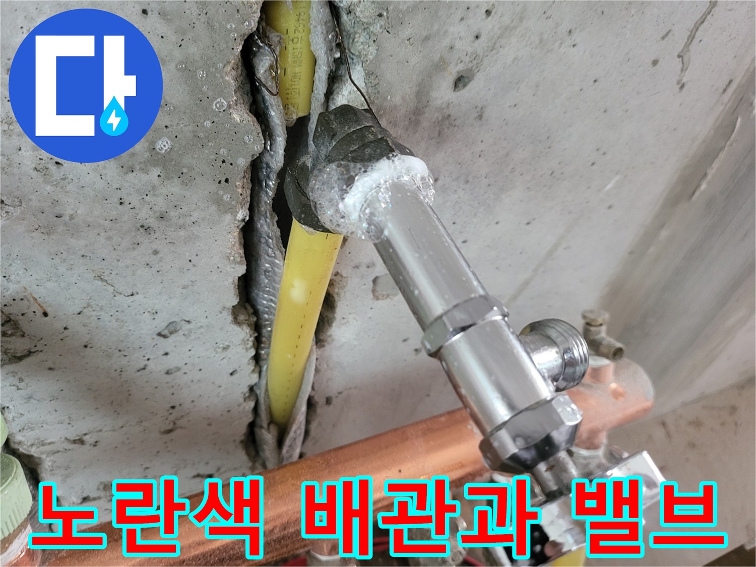 누수 탐지 완료 - 노출된 노란색 배관 및 금속 부속 상태