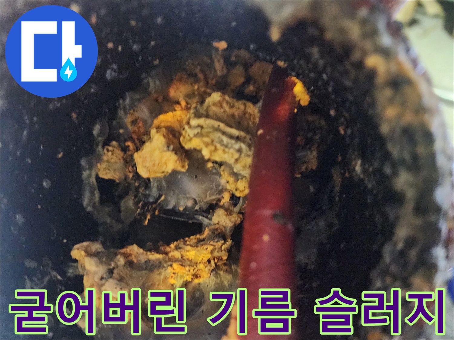 배관 벽면에 고착된 노란색 유지방과 오염물질 상태