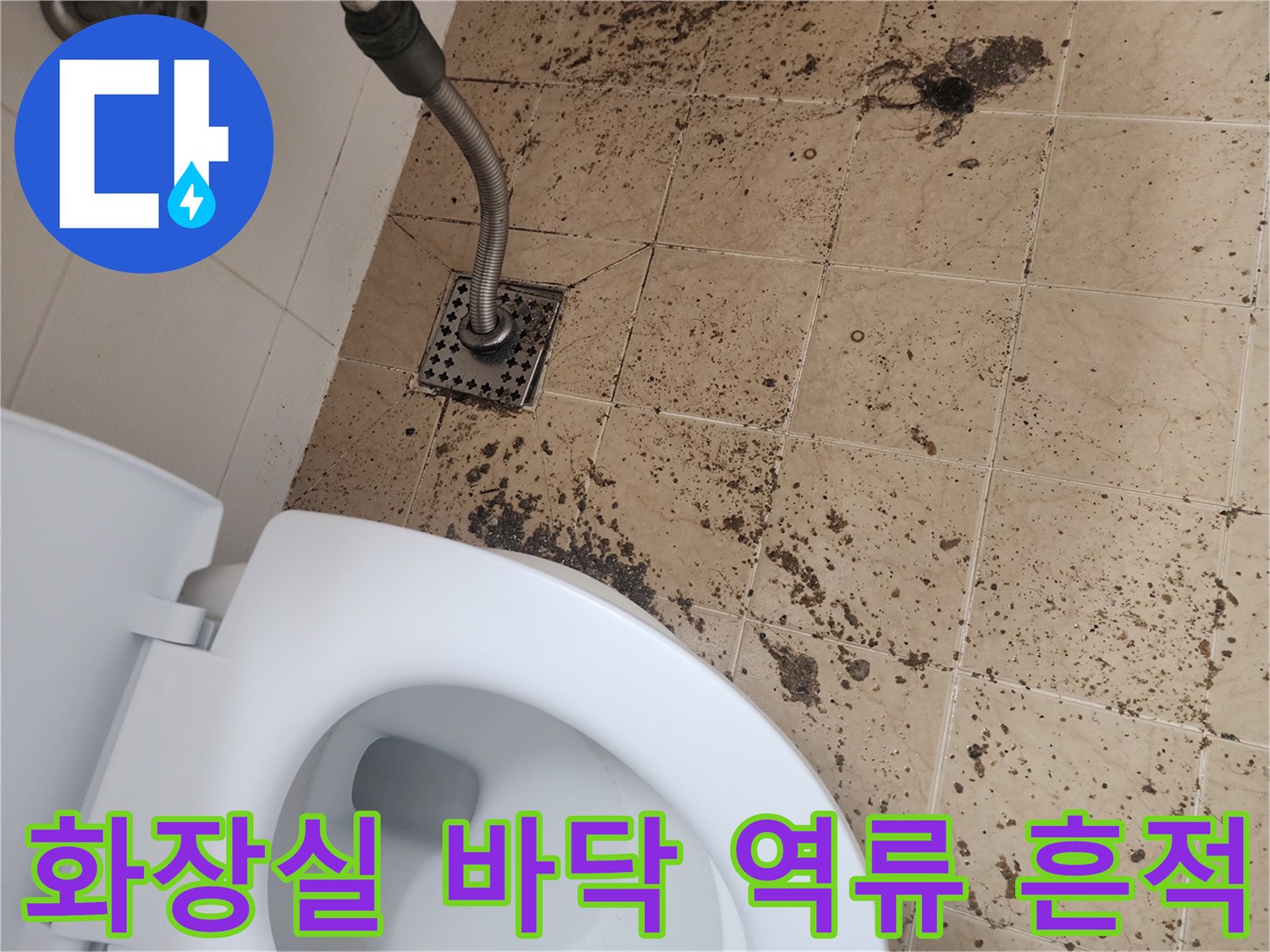 남양주 금곡동-화장실 바닥 타일 위로 번진 오염된 물과 배수구 상태
