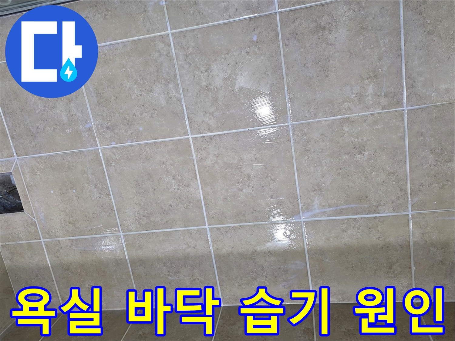 욕실 바닥에 넓게 퍼진 습기는 누수가 진행되고 있음을 시사하며-전문적인 탐지가 필요한 상황입니다